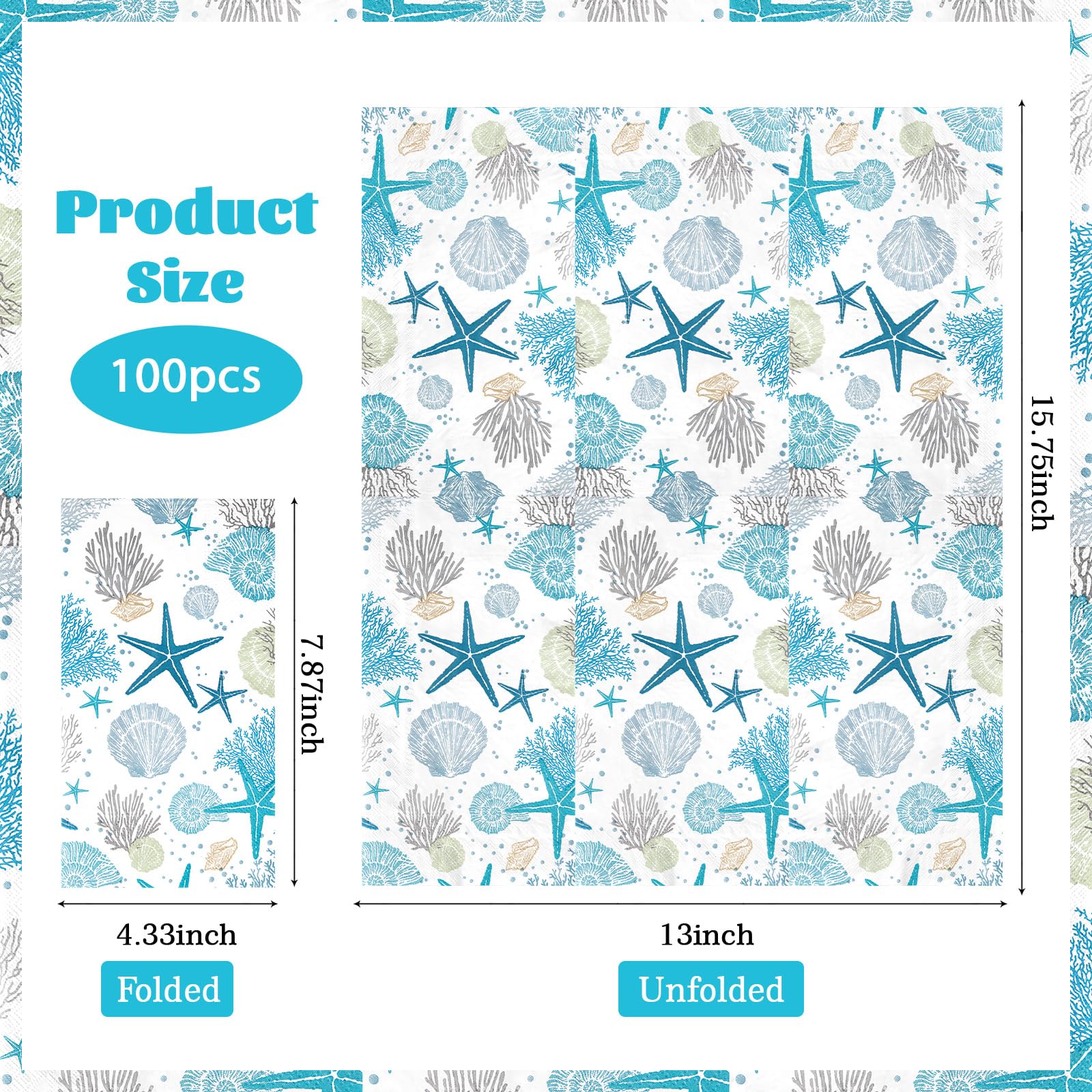 100Pcs 3-Ply Disposable Paper Napkins - Starfish Seashell Coral Design, Soft & Absorbent Hand Towels for Bathroom, Beach, Summer, Wedding & Baby Shower | Perfect for Parties, Picnics & Coastal-Themed Events
