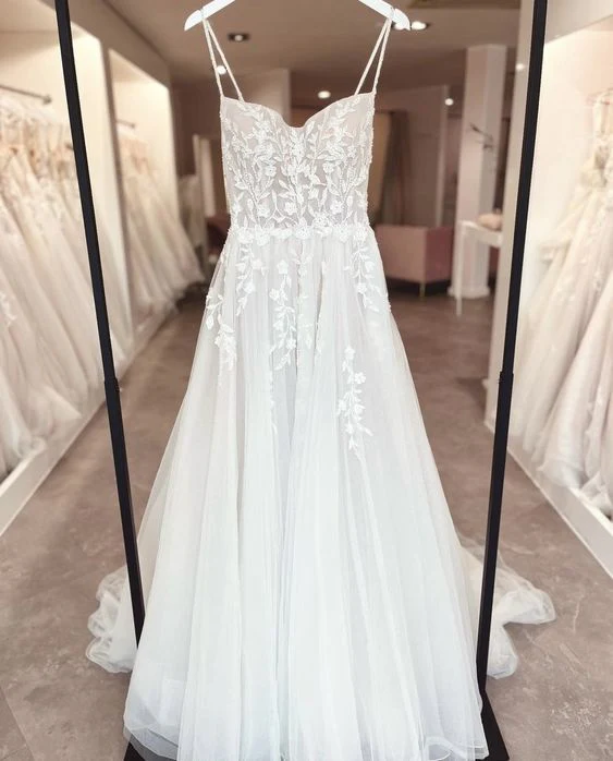 Elegant A-Line Applique Lace Tulle Wedding Dress J4828 - Perfect for Bridal, Formal Events & Romantic Ceremonies