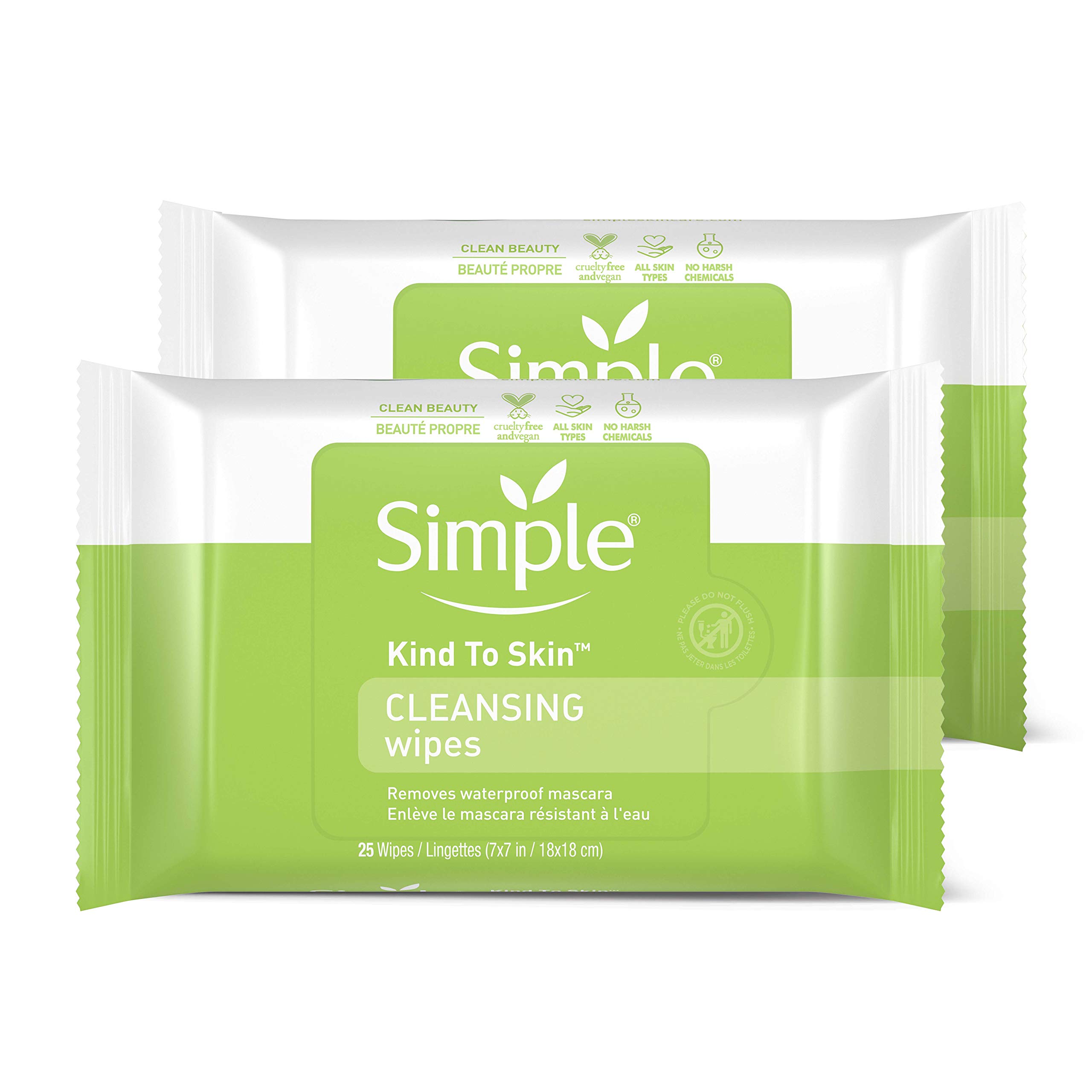 Simple Kind to Skin Facial Wipes - Gentle & Effective Makeup Remover & Cleanser | Fragrance-Free, Dye-Free, No Harsh Chemicals | 25 Wipes (2-Pack) | Perfect for Travel, Gym & Daily Skincare Routine