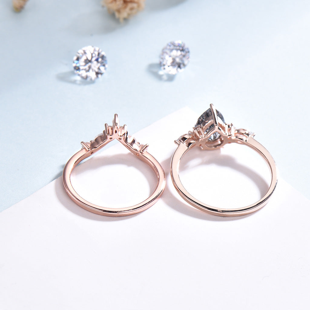 Pear Shaped Black Rutilated Quartz Engagement Ring & Wedding Band Set - Elegant Cluster Design for Proposals, Anniversaries & Bridal Jewelry