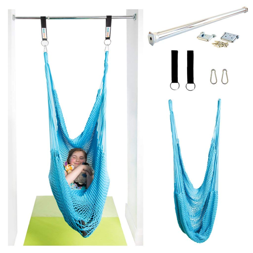 DreamGYM Doorway Hammock Swing - Indoor Hanging Chair with Stand for Door Frame - Sensory Swing for Adults & Kids - Sky Blue - Perfect for Relaxation, Therapy, and Playtime at Home