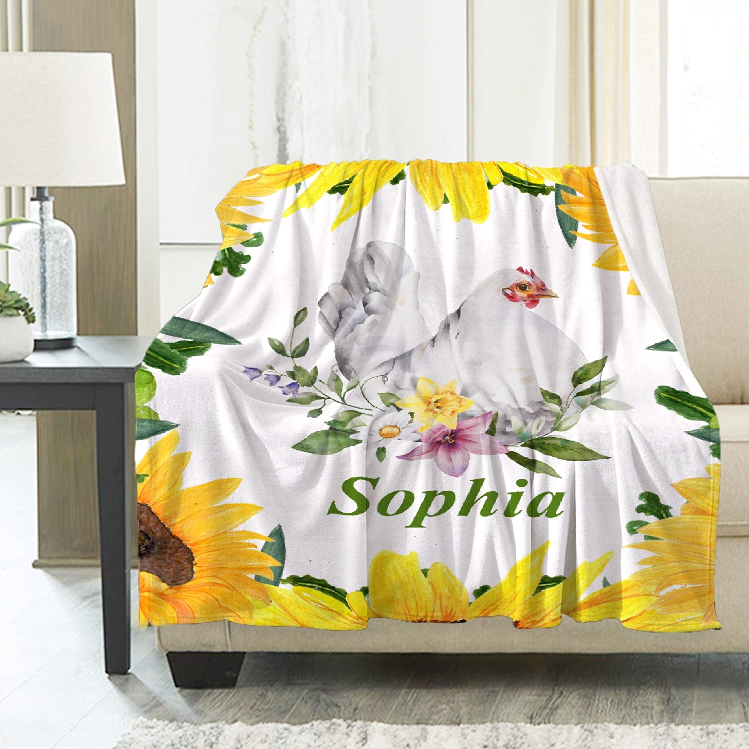 Personalized Baby Blanket with Name - Ultra Soft Flannel Fleece Blanket for Boys & Girls - Custom Chicken & Flower Design - Lightweight & Warm 50