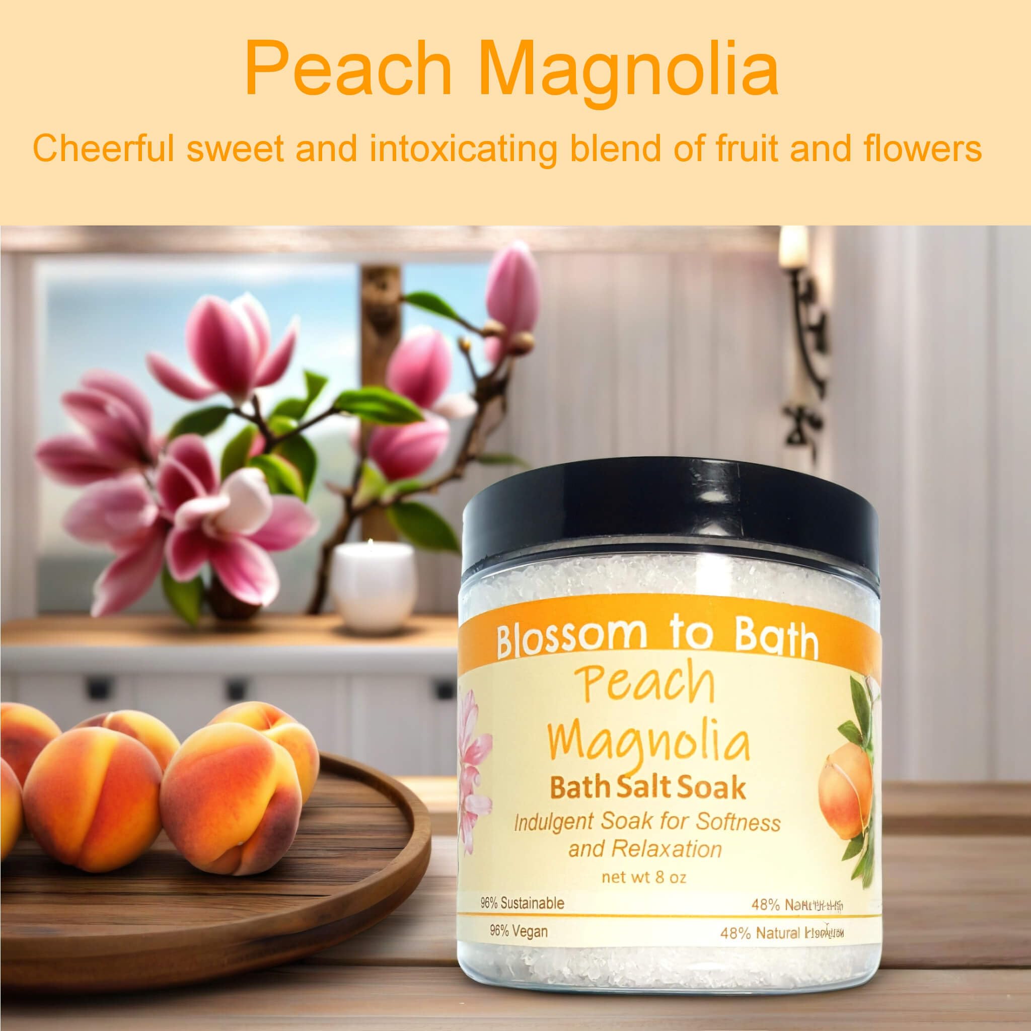 Peach Magnolia Bath Salt Soak - 8oz Phthalate-Free Relaxing Bath Salts with Natural Fragrance for Stress Relief & Muscle Relaxation - Perfect for Spa Nights, Self-Care Routines & Gift Giving