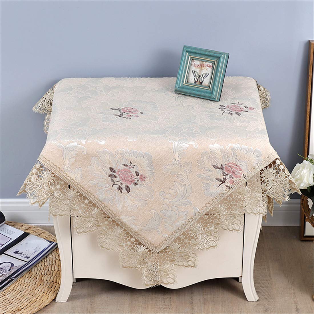 Elegant Beige Embroidered Square Lace Tablecloth 35x35 Inch - Perfect for Kitchen, Dining, Living Room, Coffee Table & Wedding Decor | Washable & Durable Home Textile