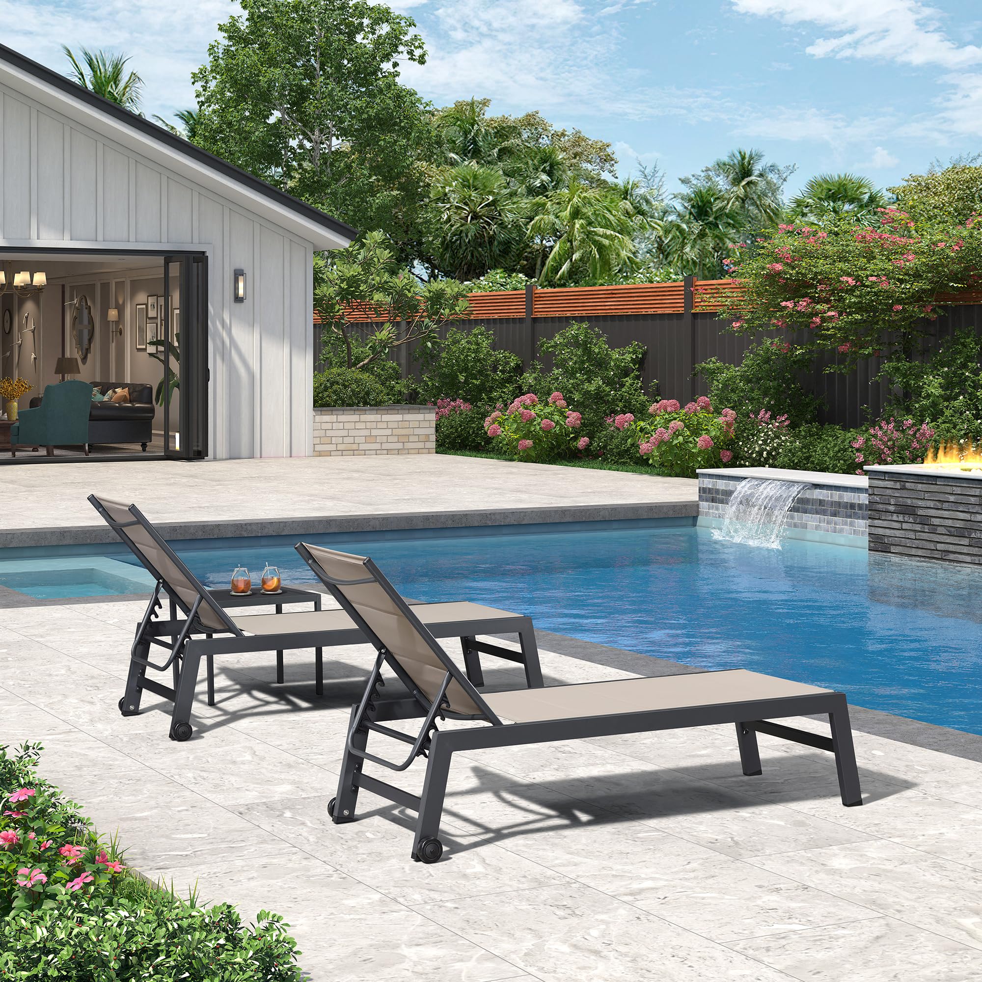 PURPLE LEAF Outdoor Chaise Lounge Set of 2 - Aluminum Patio Lounge Chairs with Wheels & Side Table - Beige Poolside Relaxation for Backyard, Garden, and Beach Use