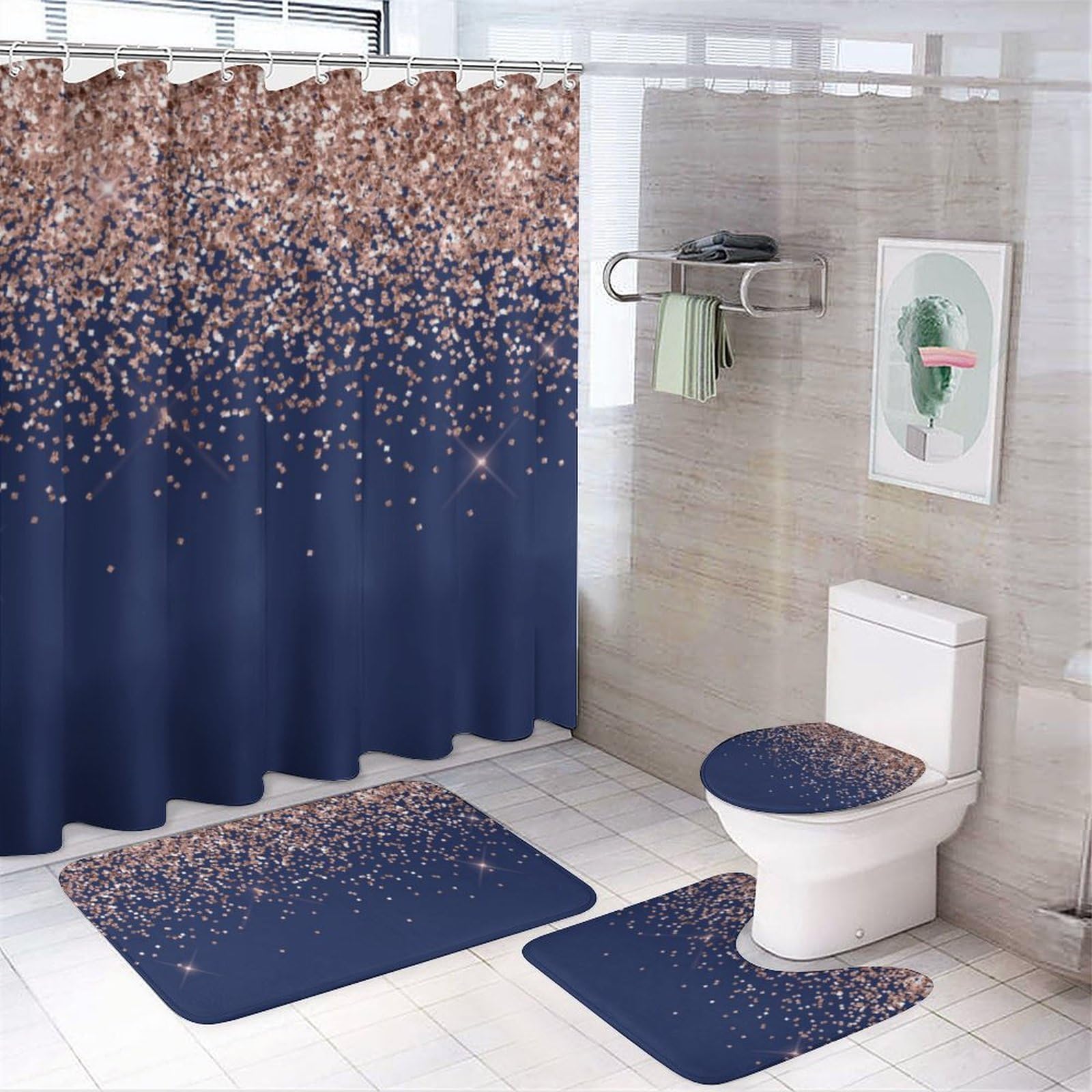 Blush Pink Rose Gold Navy Blue Glitter Shower Curtain Set - 4 Piece Bathroom Decor with Non-Slip U-Shaped Rug & Toilet Cover | Elegant Waterproof Bathroom Accessories for Modern Homes