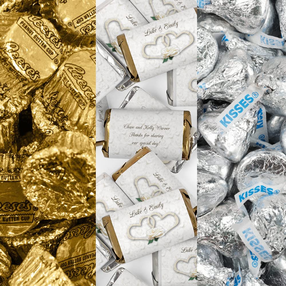 200pcs Personalized Wedding Candy Favors Kit - Custom Wrapped Chocolate Miniatures, Hershey's Kisses & Reese's Peanut Butter Cups - Elegant Wedding Party Favors for Guests, Candy Buffet & Dessert Table Decorations - Perfect for Bridal Showers, Receptions & Anniversary Celebrations - Two Hearts Design