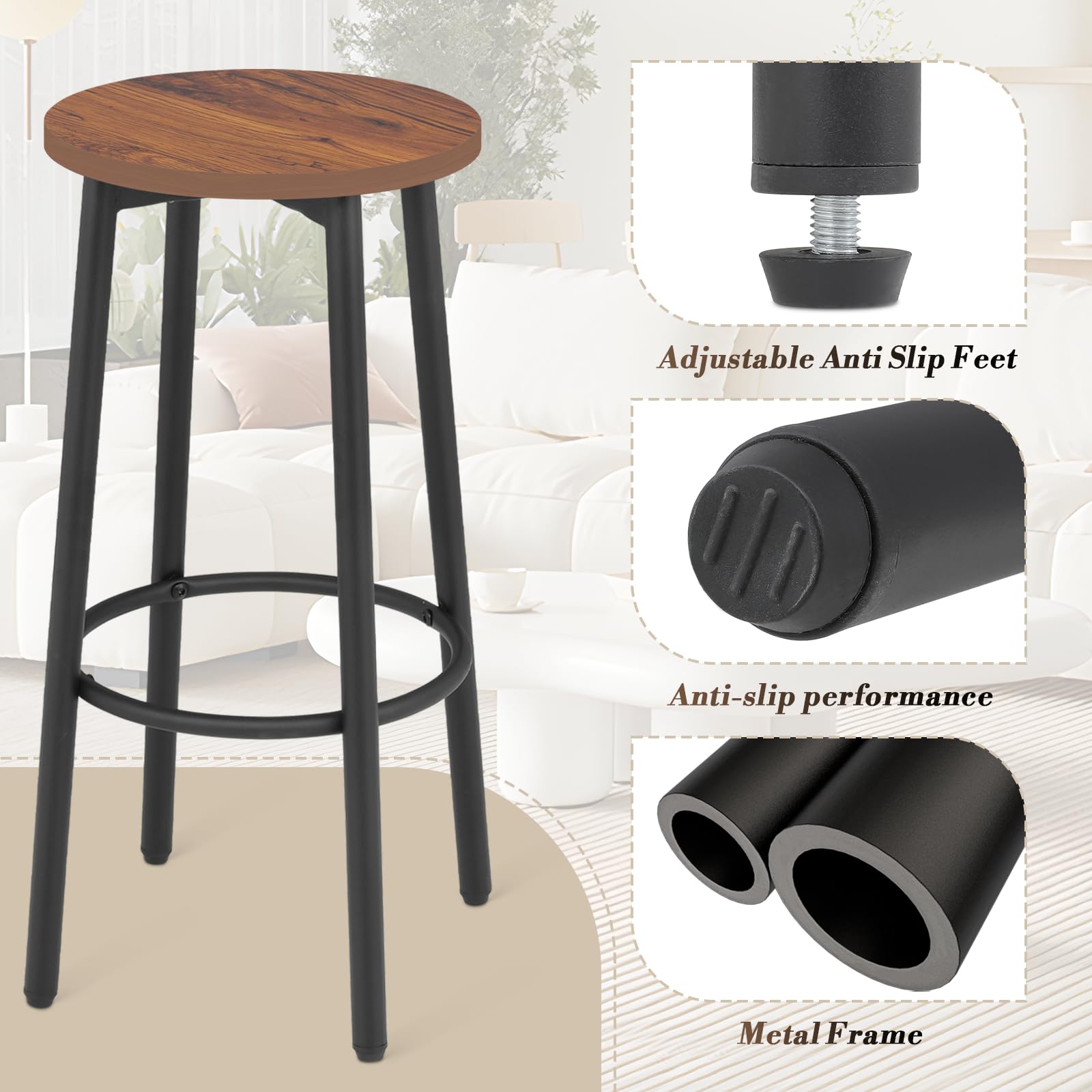 2-Pack Round Counter Height Bar Stools with Footrest - Adjustable Kitchen Island Stools for Dining Room, Home Bar & Breakfast Nook | Modern Barstool Chairs for Kitchen Counter, Pub & Restaurant Style Decor
