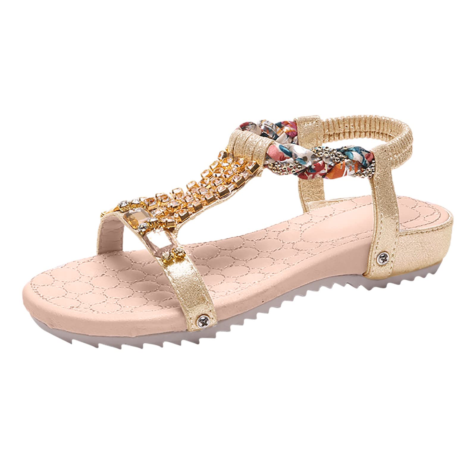 Sparkly Rhinestone Ankle Strap Sandals for Women - Bohemian Elastic Casual Thong Beach Shoes with Glitter Decor | Perfect for Summer Vacations, Beach Parties & Boho Fashion Outfits