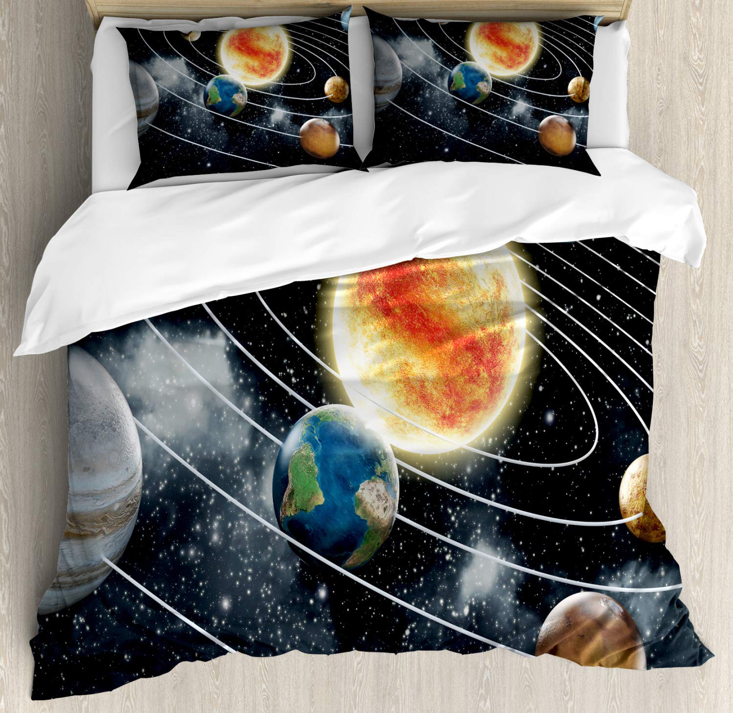 Ambesonne Outer Space Duvet Cover Set - Solar System with 8 Planets, Sun, Earth, Mars & Uranus - 3 Piece Queen Size Bedding Set with 2 Pillow Shams - Multicolor Galaxy Print - Perfect for Astronomy Lovers, Kids Room & Sci-Fi Themed Bedrooms