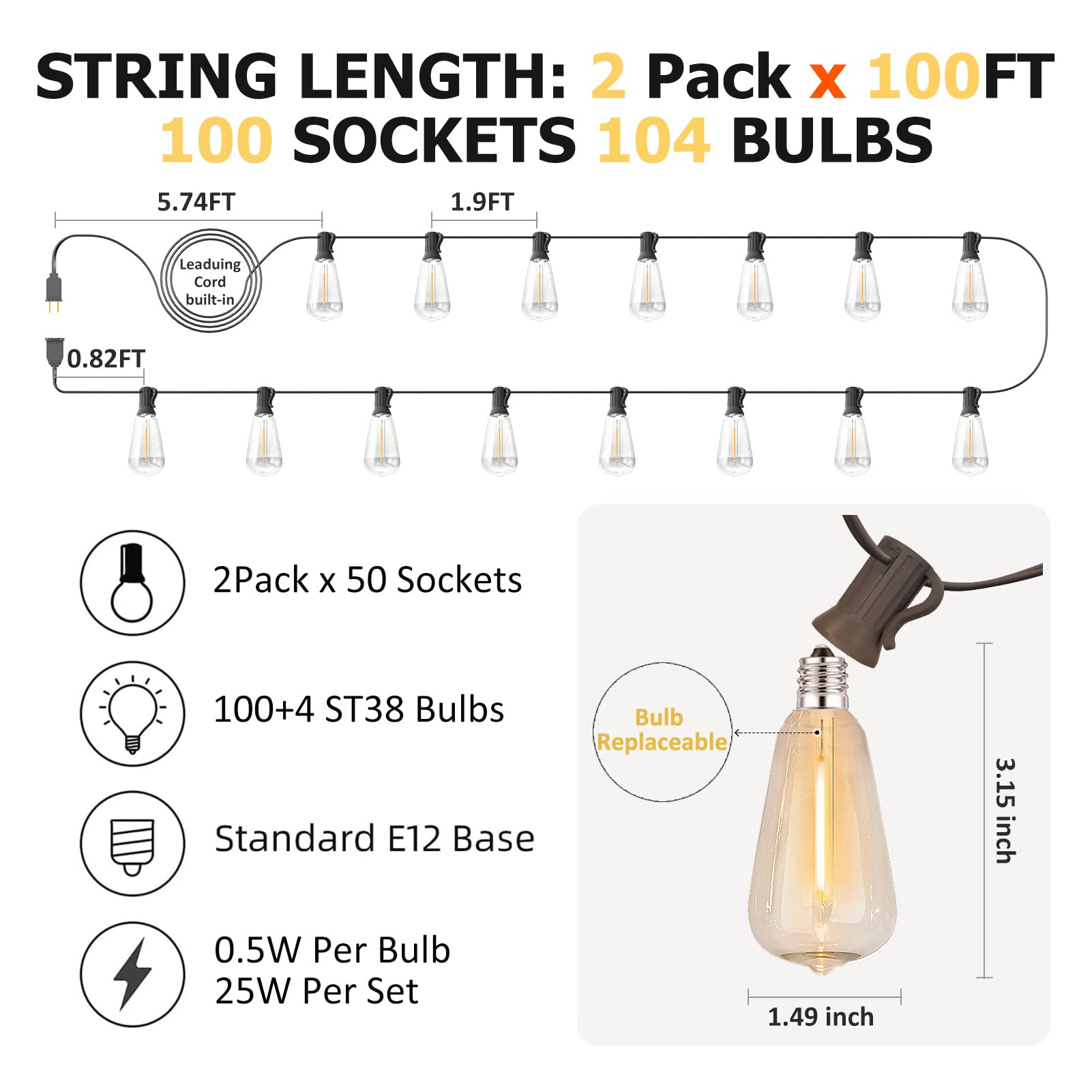 200FT Outdoor LED String Lights - Waterproof Shatterproof Edison Bulbs, 2200K Warm White Patio Lights with 104 ST38 Plastic Bulbs (2 Pack x 100FT) - Perfect for Gazebo, Pergola, Backyard, Wedding & Bistro Decor