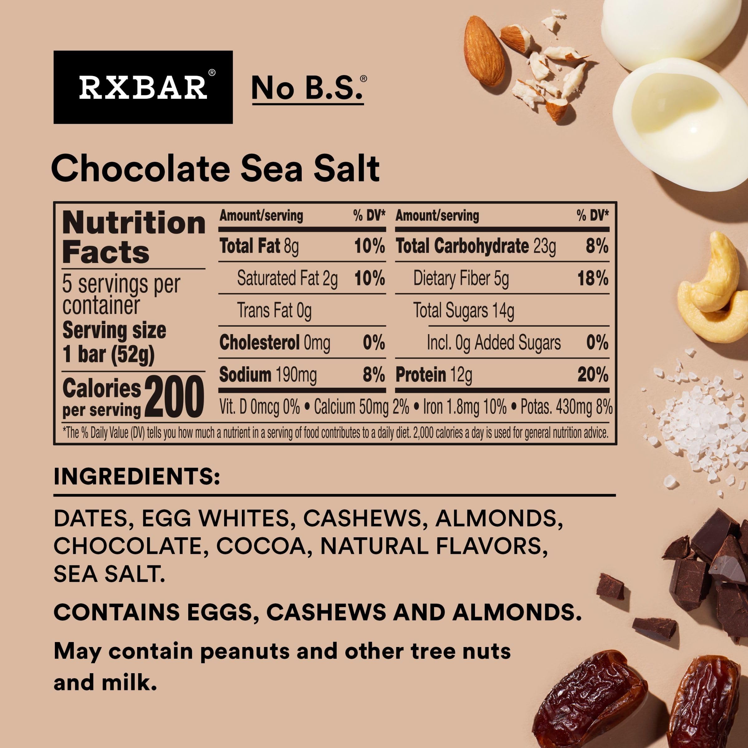 RXBAR Protein Bars - Chocolate Sea Salt Flavor, 9.1oz (5 Bars) | High Protein Snack for Workout Recovery, Healthy On-the-Go Breakfast & Post-Gym Energy Boost