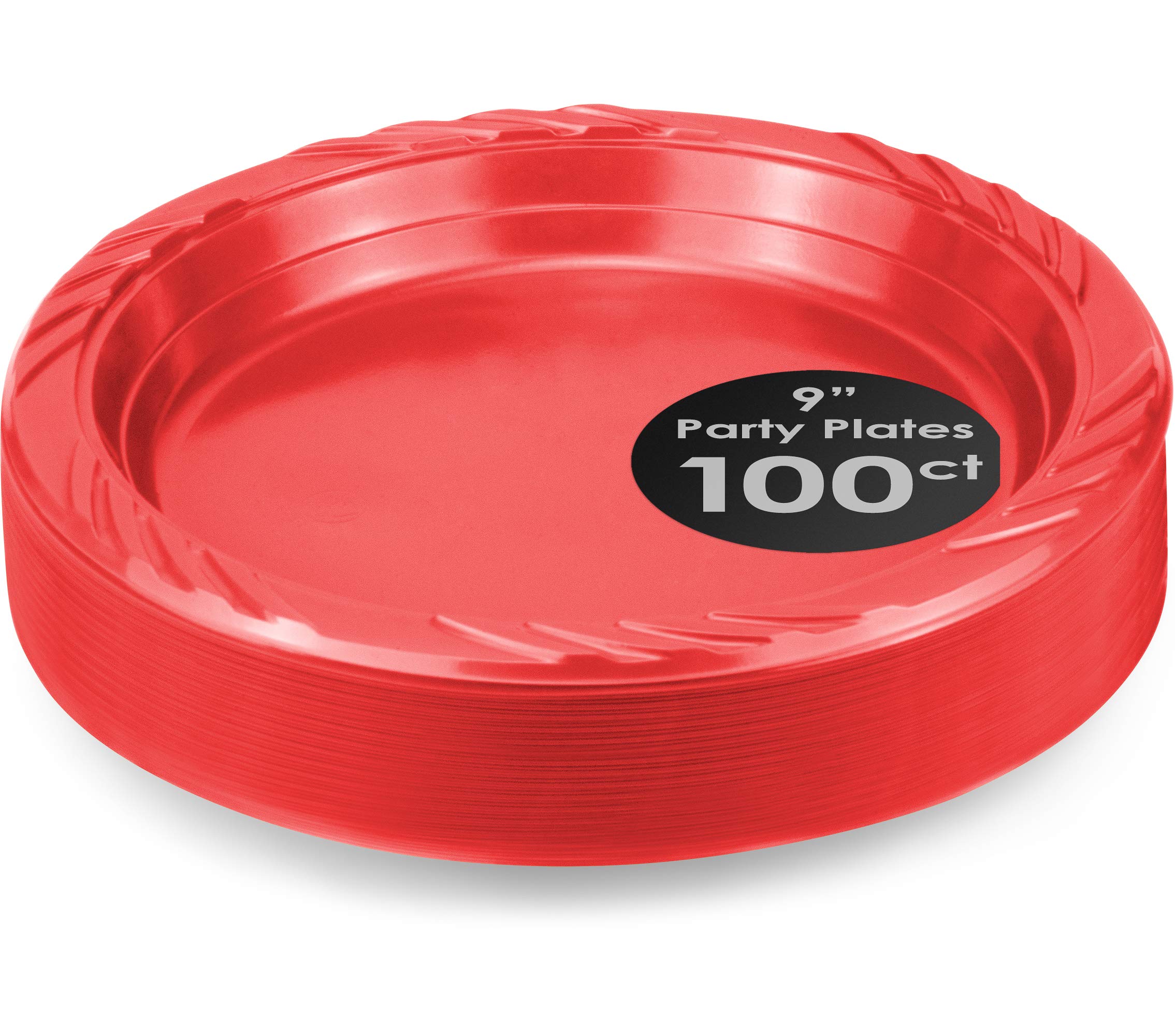 DecorRack 100-Pack 9 Inch Red Plastic Party Plates - Disposable Round Tableware for Birthdays, BBQs, Picnics & Events - Ideal for Indoor/Outdoor Use, Lunch & Dinner Parties