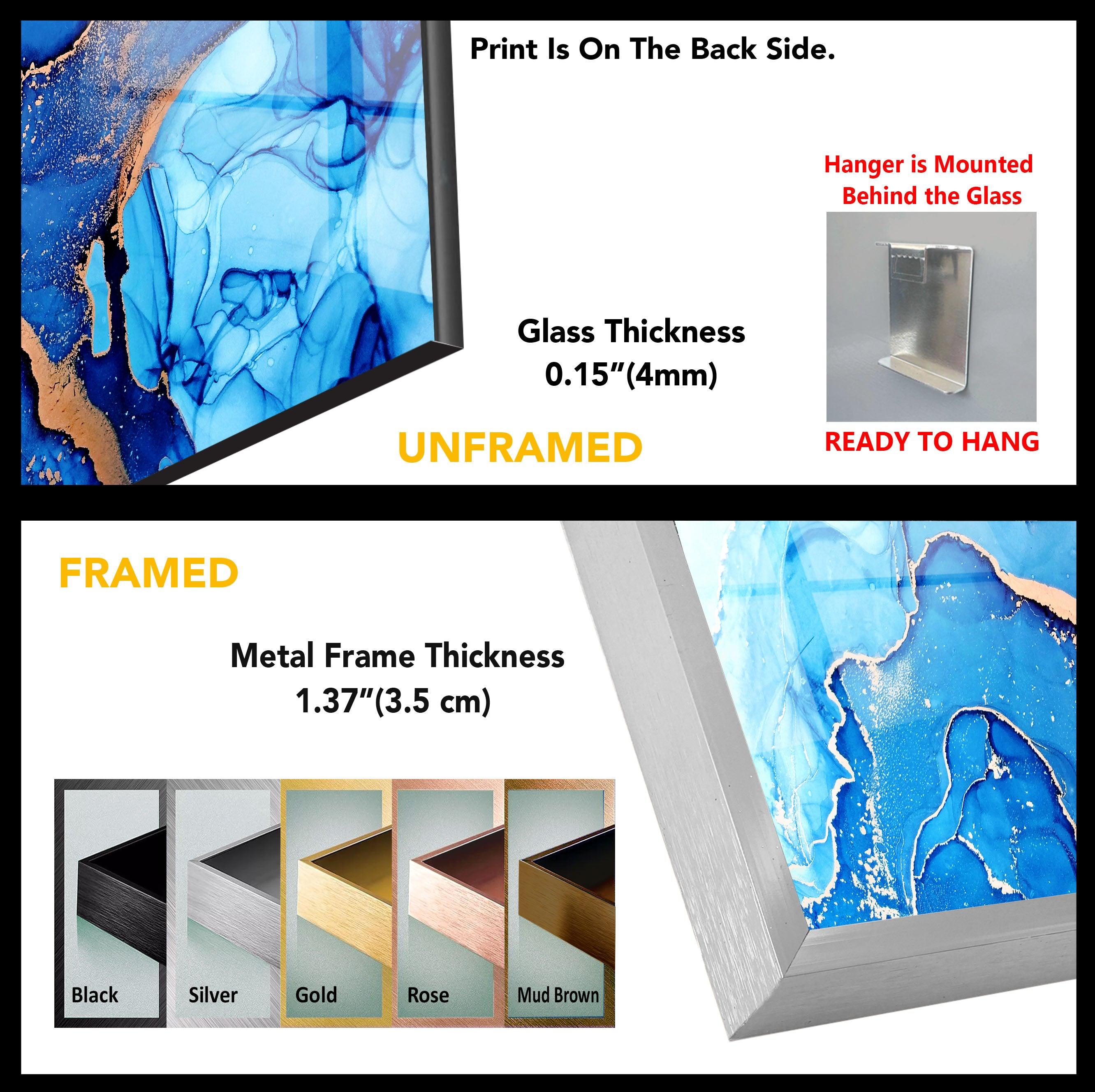 Blue Abstract Liquid Ink Art Glass Wall Decor - Modern Home & Office Decoration for Living Room, Bedroom, or Workspace