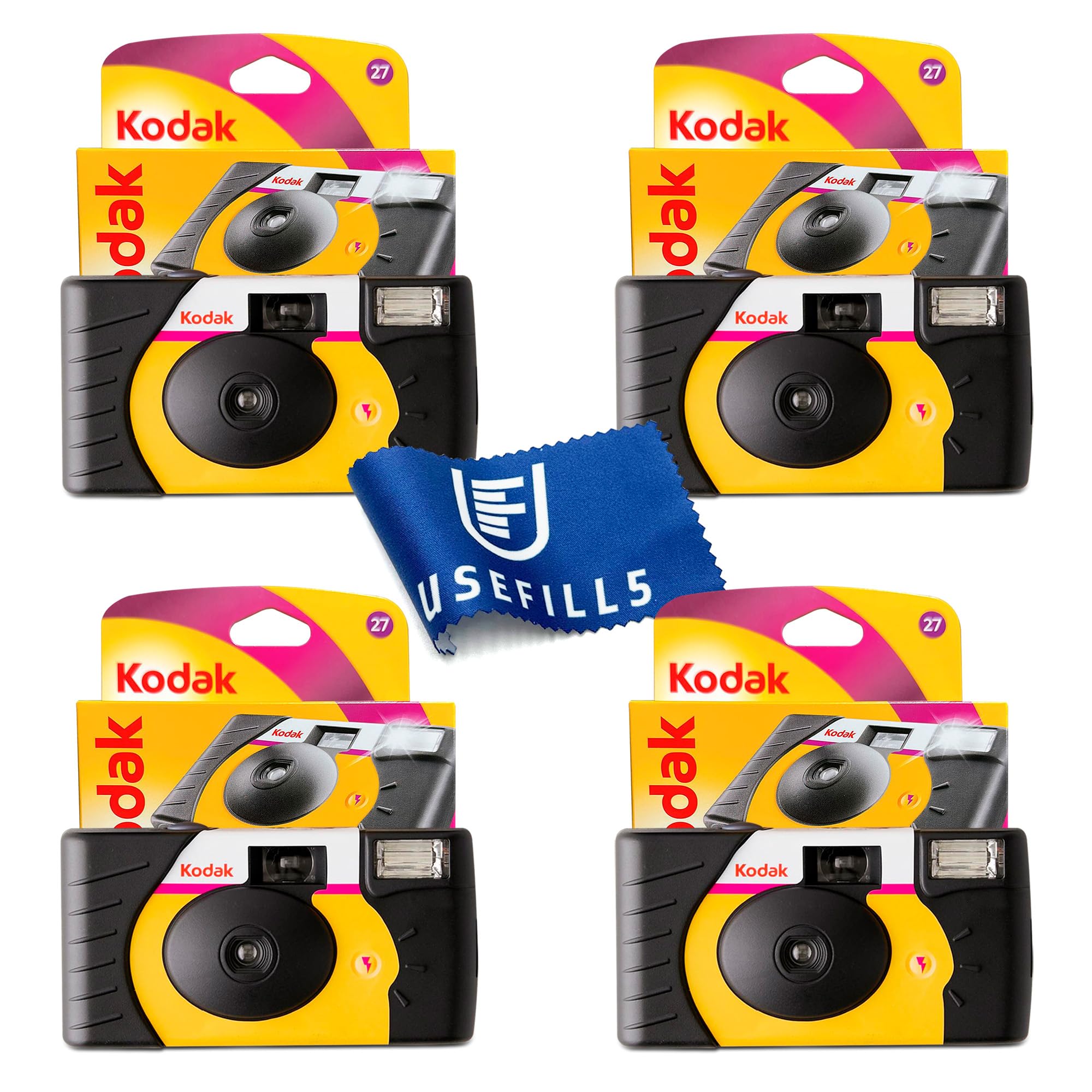 USEFILL5 Disposable Film Camera 4 Pack Bundle - Kodak 35mm One Time Use Camera with Powerflash, Max ISO 800, 27 Exposures & Microfiber Cloth - Perfect for Weddings, Travel, Parties and Outdoor Adventures