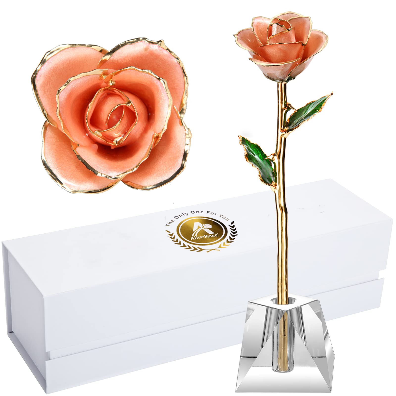 24k Gold Real Rose Gift for Wife - Anniversary, Valentine's Day, Mother's Day & Birthday Present - Long Stem Luxury Rose with Crystal Vase (Peach Pink) - Perfect for Romantic Surprises, Home Decor & Special Occasions