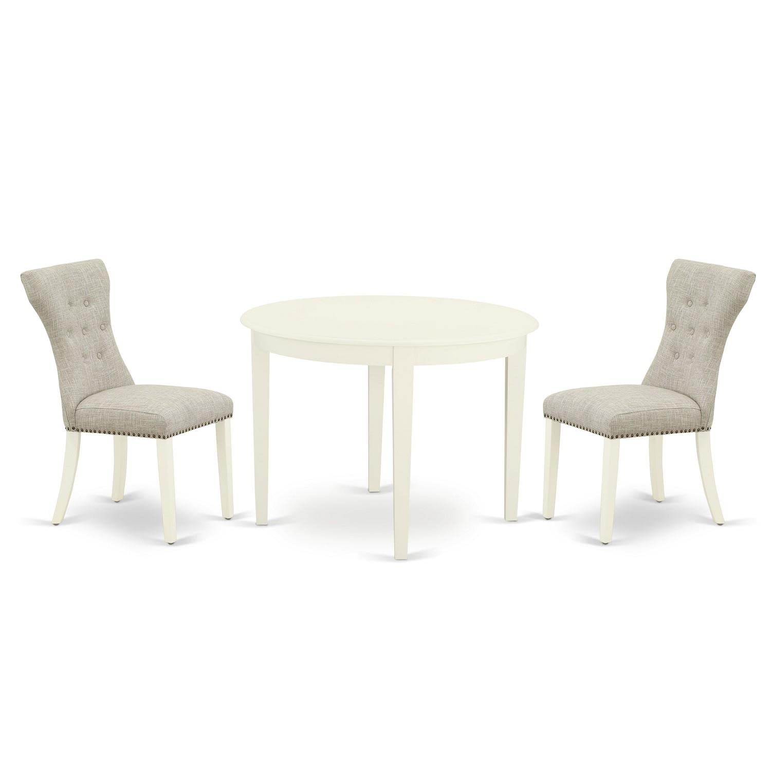 East West Furniture BOGA3-WHI-35 3-Piece Round Dining Table Set with 2 Parson Chairs for Small Spaces - 42x42 Inch Compact Kitchen Table Set in Linen White - Perfect for Apartments, Breakfast Nooks & Cozy Dining Areas