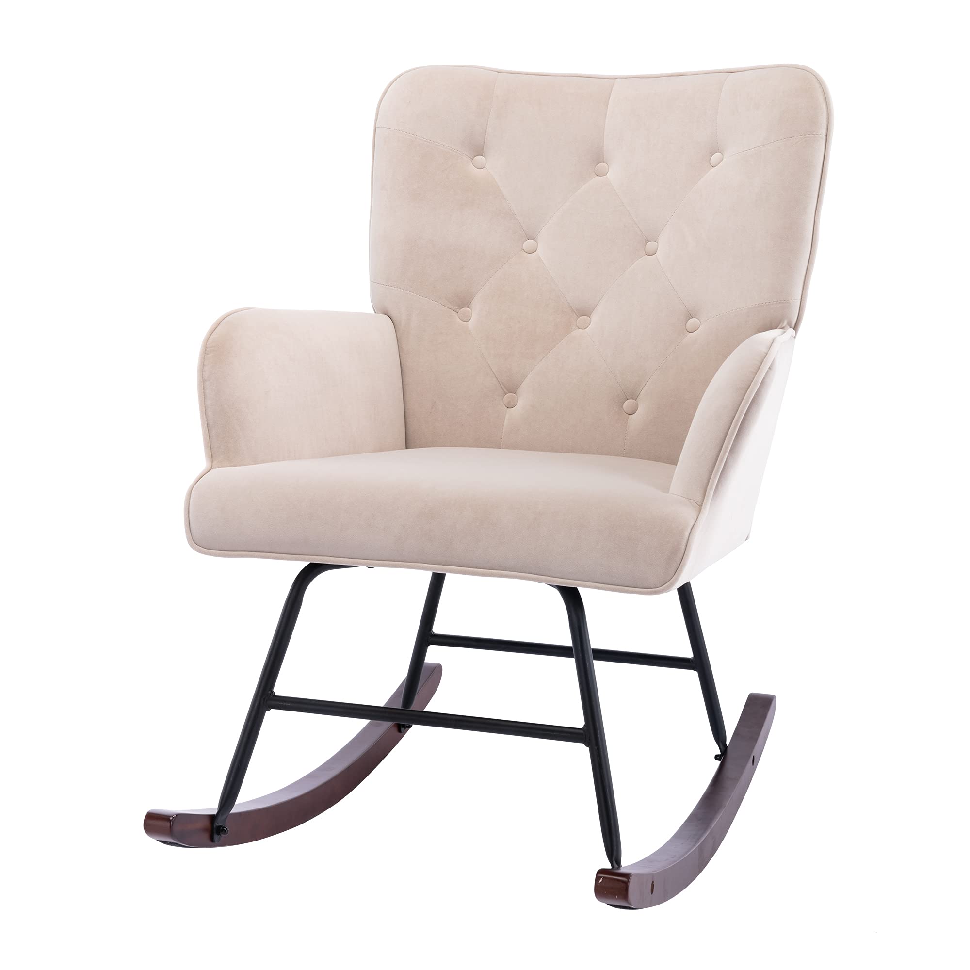 Velvet Tufted Upholstered Rocking Chair with Padded Seat - Modern Accent Armchair with Wood Base for Living Room, Nursery, or Home Office - Comfortable Rocking Chair for Relaxation & Breastfeeding (Beige)