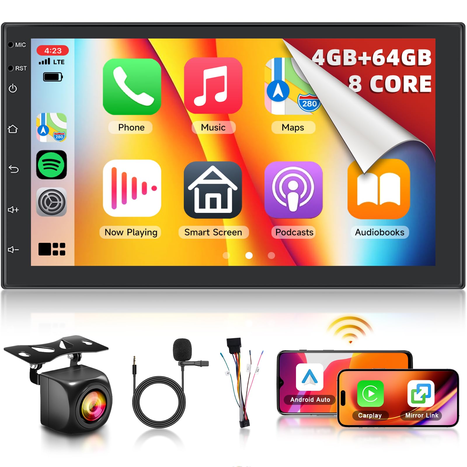 Hodozzy 7 Inch Double Din Android Car Stereo - 4GB RAM 64GB ROM, 8-Core Processor with Apple CarPlay & Android Auto - Universal Touchscreen Car Radio with GPS Navigation, Bluetooth, WiFi, Mirror Link, SWC, FM RDS - Includes Rearview Camera & MIC for Hands-Free Calling - Perfect for Road Trips & Daily Commute