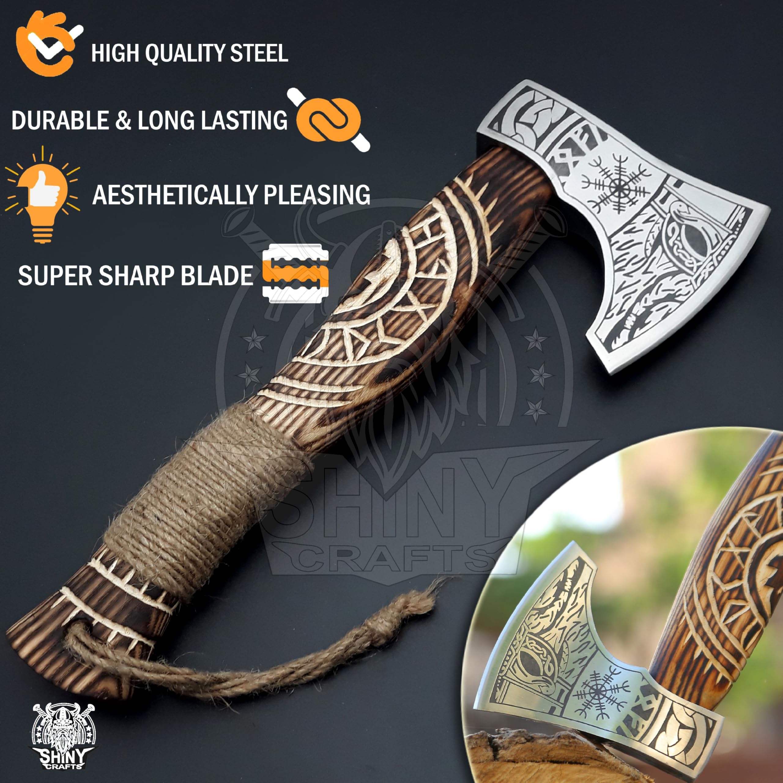 Viking Bearded Axe Tomahawk with Sheath - Handcrafted Wooden Hatchet for Camping, Throwing & Woodworking - Perfect Birthday Gift for Men, Outdoor Enthusiasts & Viking Lovers (SCA 14) - Ideal for Bushcraft, Survival Training & Medieval Reenactment