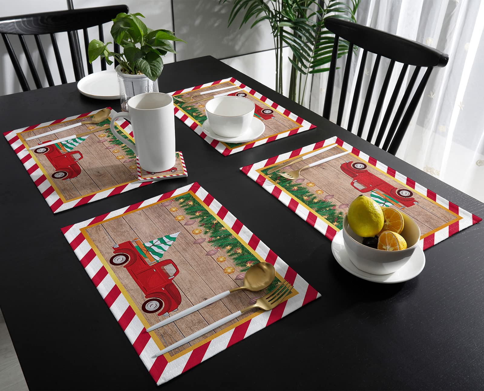 Christmas Truck with Tree Placemats Set of 4 - Holiday Dining Table Mats for Kitchen, Party, Wedding & Banquet Decor - Perfect for Indoor & Outdoor Festive Gatherings