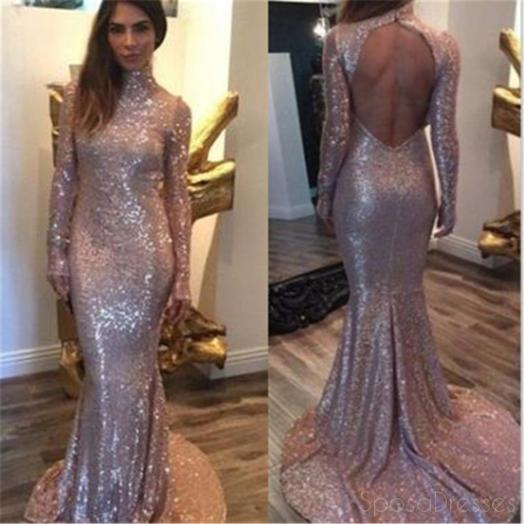 Elegant Long Sleeve Sequined Prom Dress with High Neck & Open Back - Formal Evening Gown for Homecoming, Cocktail Parties & Special Occasions | PD0174