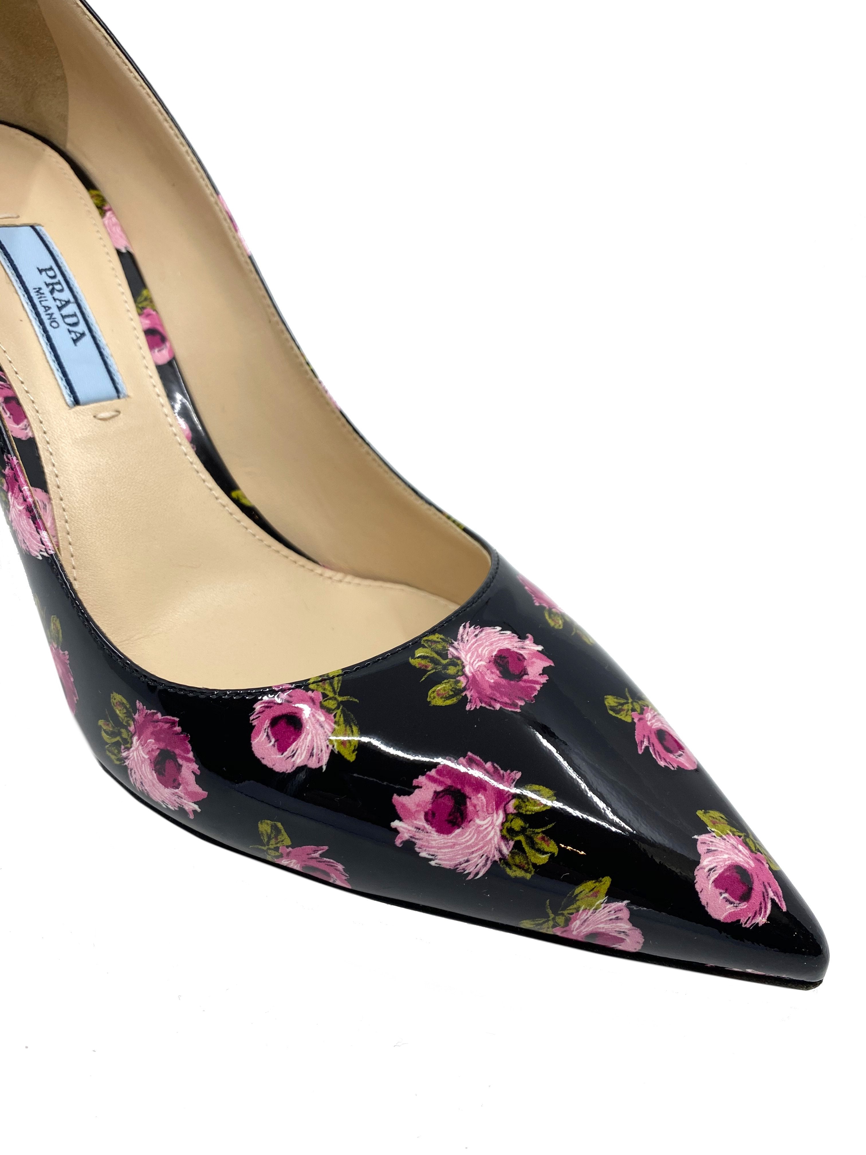 Prada Floral Print Patent Leather Pumps Women's Size 7 - New Designer High Heels for Wedding, Party & Special Occasions