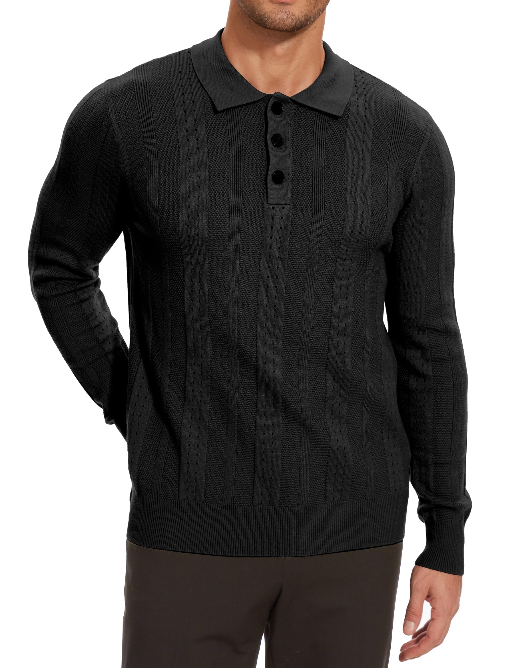Vintage Cable Knit Sweater Polo for Men - Long Sleeve Textured Collared Shirt | Casual Winter Wear & Office Outfit