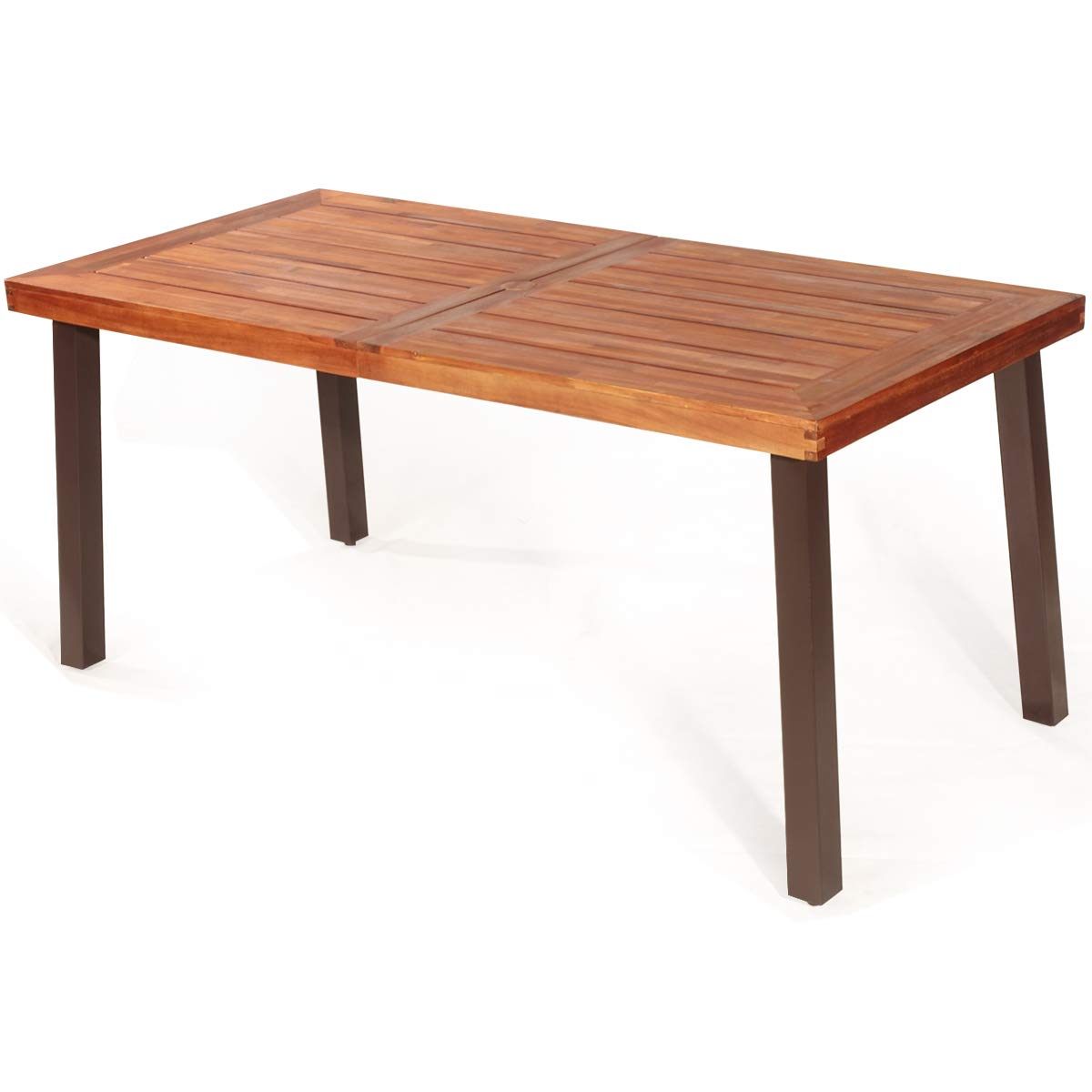 **Giantex Outdoor Patio Dining Table with Umbrella Hole - Acacia Wood Rectangular Picnic Table for Backyard, Garden, Lawn, Farmhouse - Rustic Brown Metal Legs - Perfect for BBQs, Parties & Outdoor Dining**