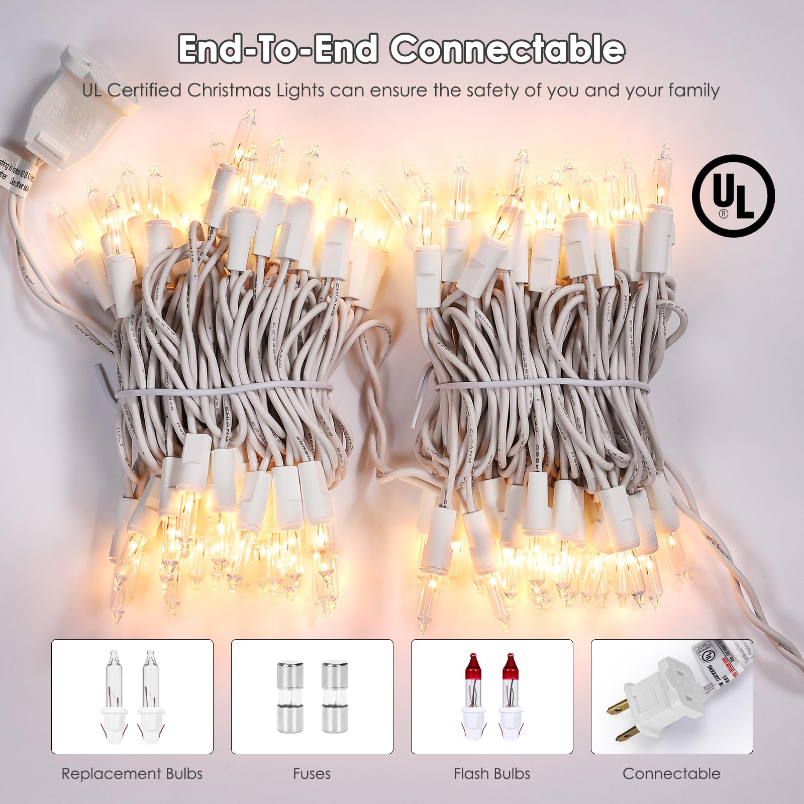 100-Count Clear Mini Christmas Lights with Warm White Bulbs & White Wire - UL Certified Connectable String Lights for Christmas Tree, Garland, Home, Patio, Wedding, Party & Festival Decor - Perfect for Indoor/Outdoor Holiday Lighting