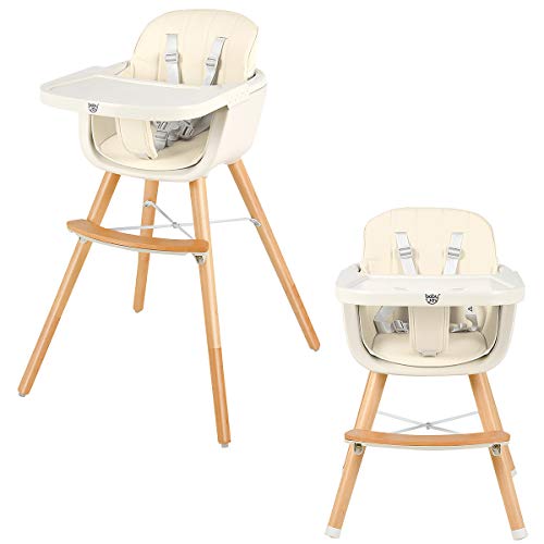 BABY JOY 3-in-1 Convertible Wooden High Chair - Adjustable Baby Highchair, Booster Seat & Toddler Chair with Removable Tray, 5-Point Safety Harness, PU Cushion & Footrest - Perfect for Dining, Feeding & Playtime (Beige)