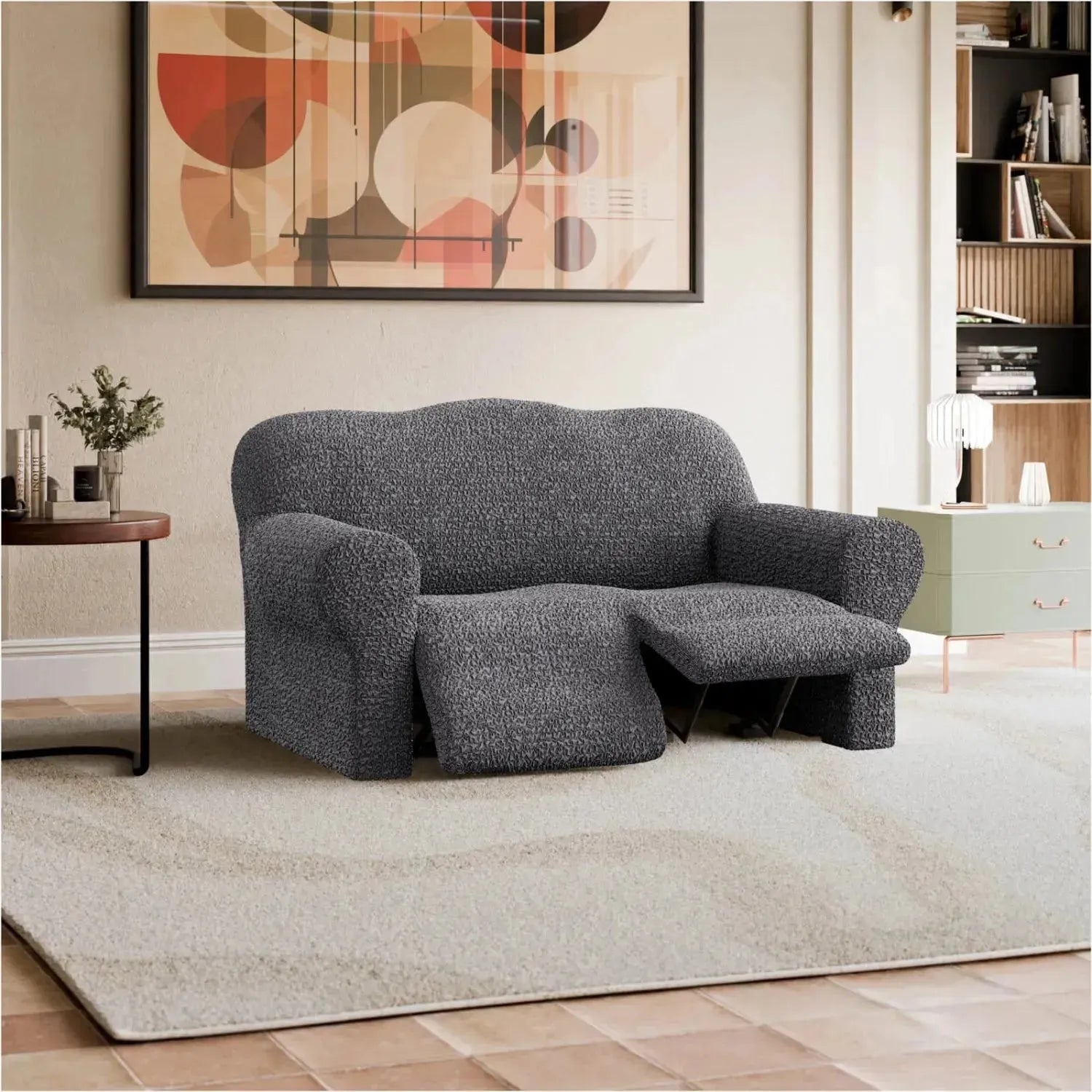 2 Seater Recliner Slipcover - Mille Righe Collection | Stretchable Sofa Cover for Living Room, Home Theater & Family Room Protection