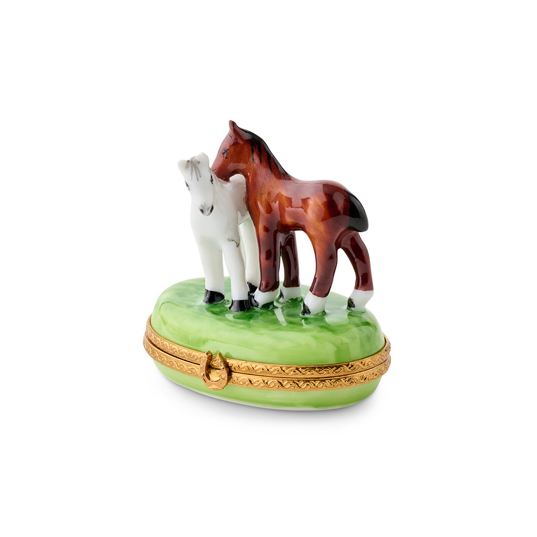 Two Horses Limoges Porcelain Figurine - Handcrafted French Collectible for Home Decor & Gift Giving | Perfect for Display Cabinets, Coffee Tables, and Luxury Gifts