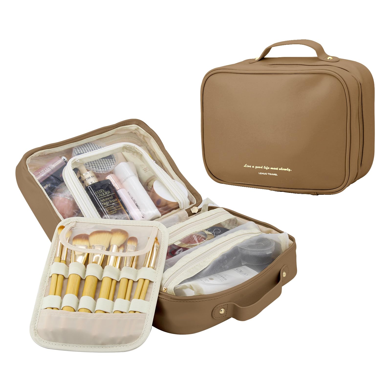 Large Waterproof Leather Travel Makeup Bag with Brush Holder & Handle - Spacious Cosmetic Organizer Toiletry Bag for Women | Perfect for Air Travel, Gym, Vacation & Daily Use - Ideal Gift for Girls (Brown)