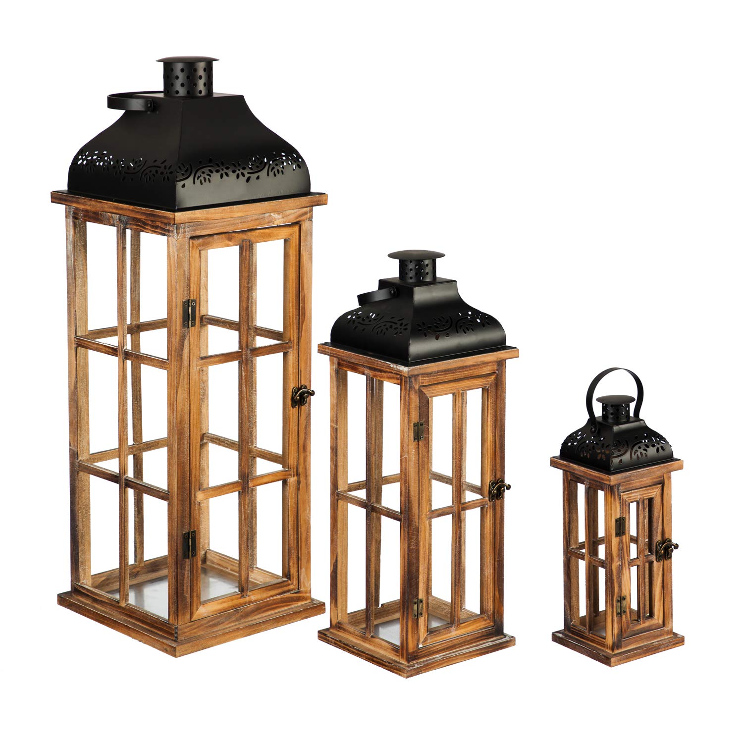 Evergreen Set of 3 Nested Wood and Metal Lanterns with LED Candles - Rustic Home Decor for Indoor/Outdoor, Wedding, Garden, Patio, and Holiday Lighting