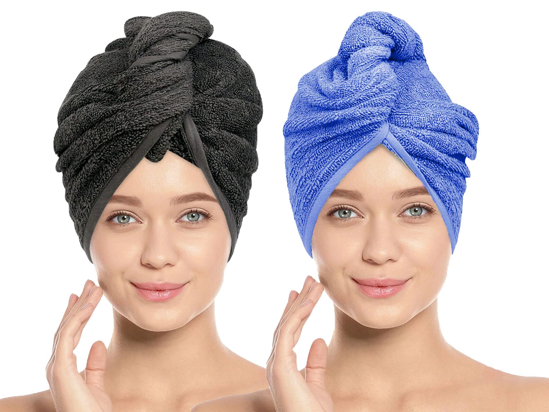 VYAKOM EXPORTS Black and Sky Blue Hair Towel Wrap - 100% Cotton Super Absorbent Quick Dry Turban Head Wrap for Women with Button - Anti Frizz Hair Products for Curly, Long & Thick Hair - Perfect for Post-Shower, Salon Styling & Travel Use