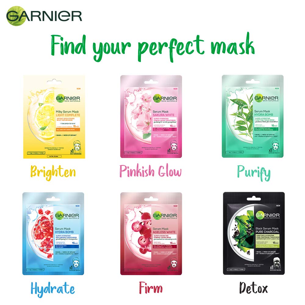 Garnier Skin Naturals Green Tea & Light Complete Face Serum Sheet Masks Set - Green Tea (32g) & Brightening (30g) | Hydrating & Glow-Boosting Korean Skincare for Dry & Dull Skin | Perfect for Spa Night & Self-Care Routine