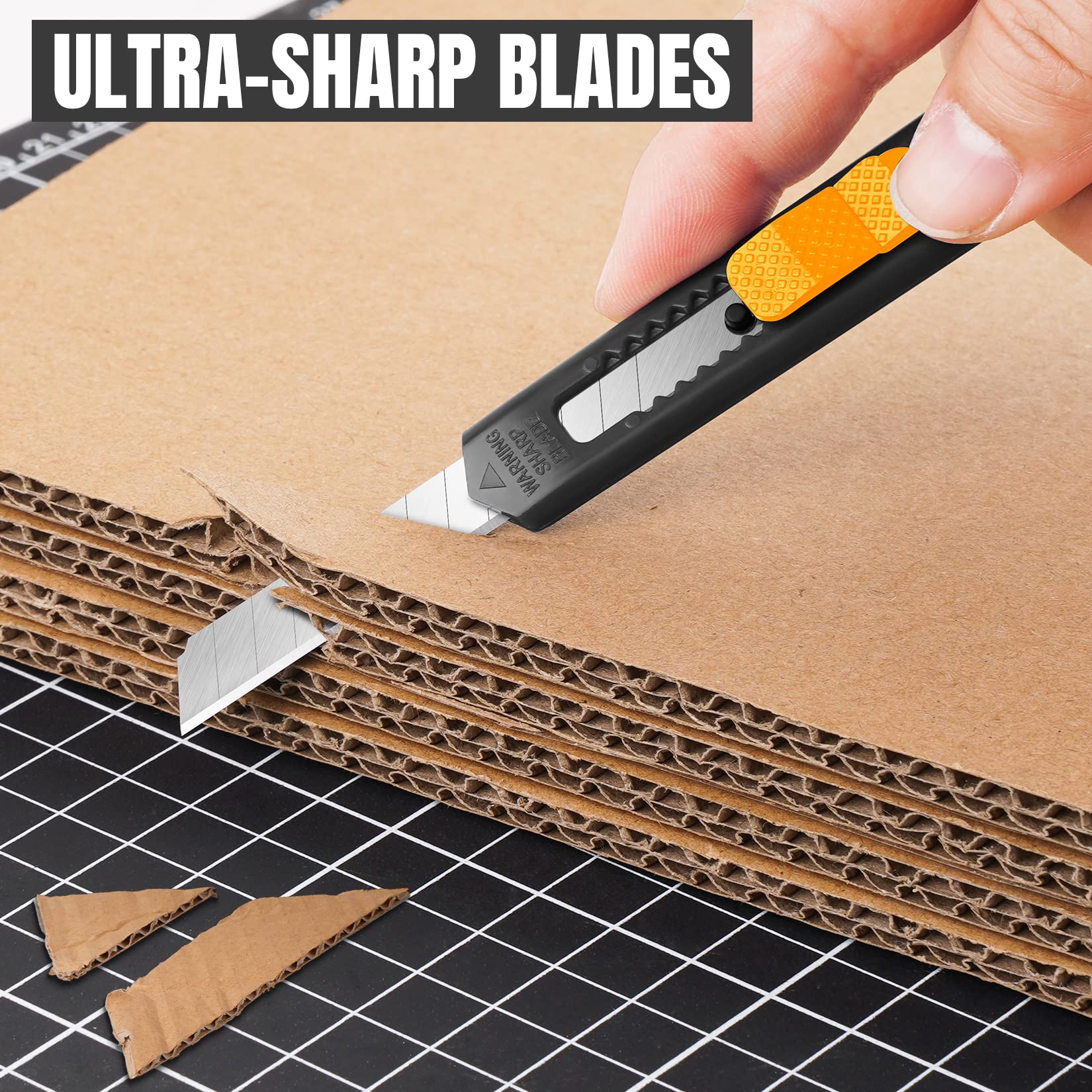 4 Pack Retractable Utility Knife with 9MM Snap-Off Blades - Heavy Duty Box Cutter for Cardboard, Wrapping, Packages - Exacto Knife for Office, Home, School, Warehouse & DIY Projects - Safe Razor Knife for Opening Boxes, Crafts & Shipping Supplies