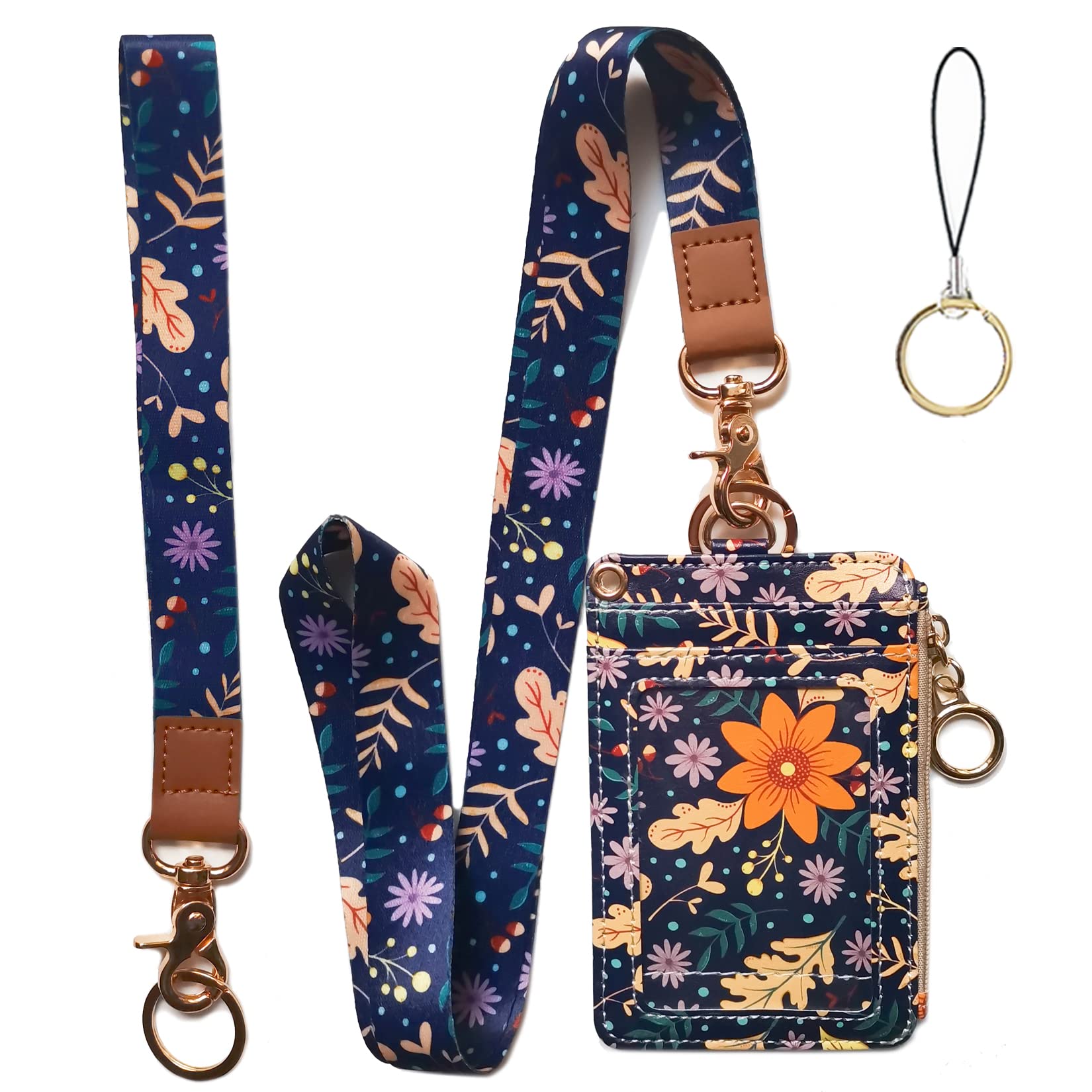Fashion Lanyard Wallet for Women - ID Badge Holder with Zipper (Autumn Sunflower) | Office & Event Use