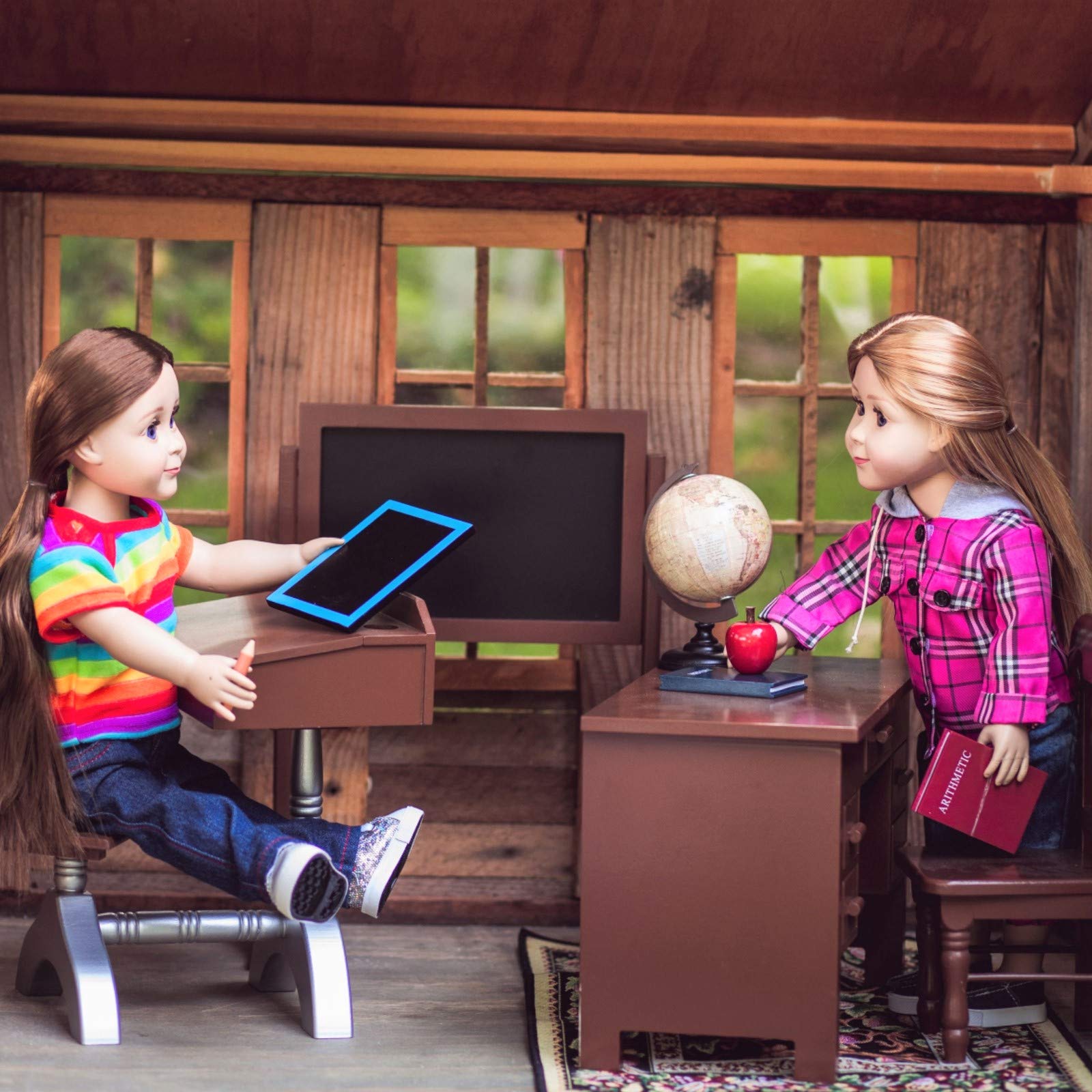 The Queen's Treasures 18 Inch Doll Classroom Set - Teacher & Student Desks, School Books, Chalkboard, Pencil & Globe | American Girl Doll Furniture Compatible | Perfect for School Role Play & Educational Pretend Play