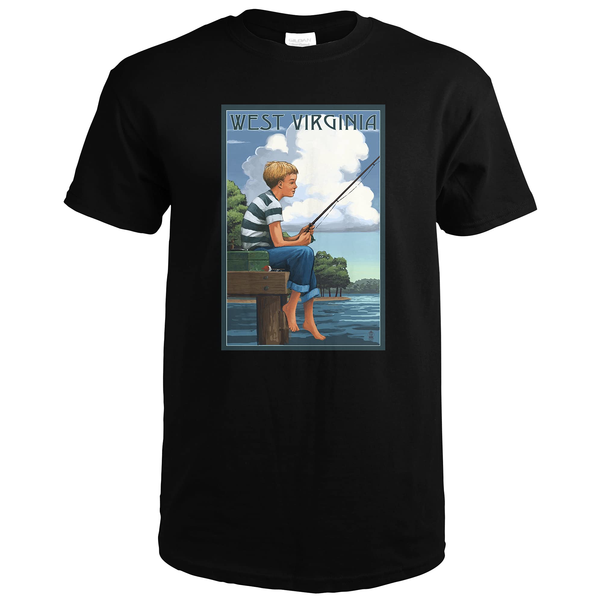 Lantern Press West Virginia Boy Fishing 69270 Black T-Shirt Small - Comfortable Graphic Tee for Outdoor Enthusiasts & Nature Lovers - Perfect for Fishing Trips, Camping, and Casual Wear