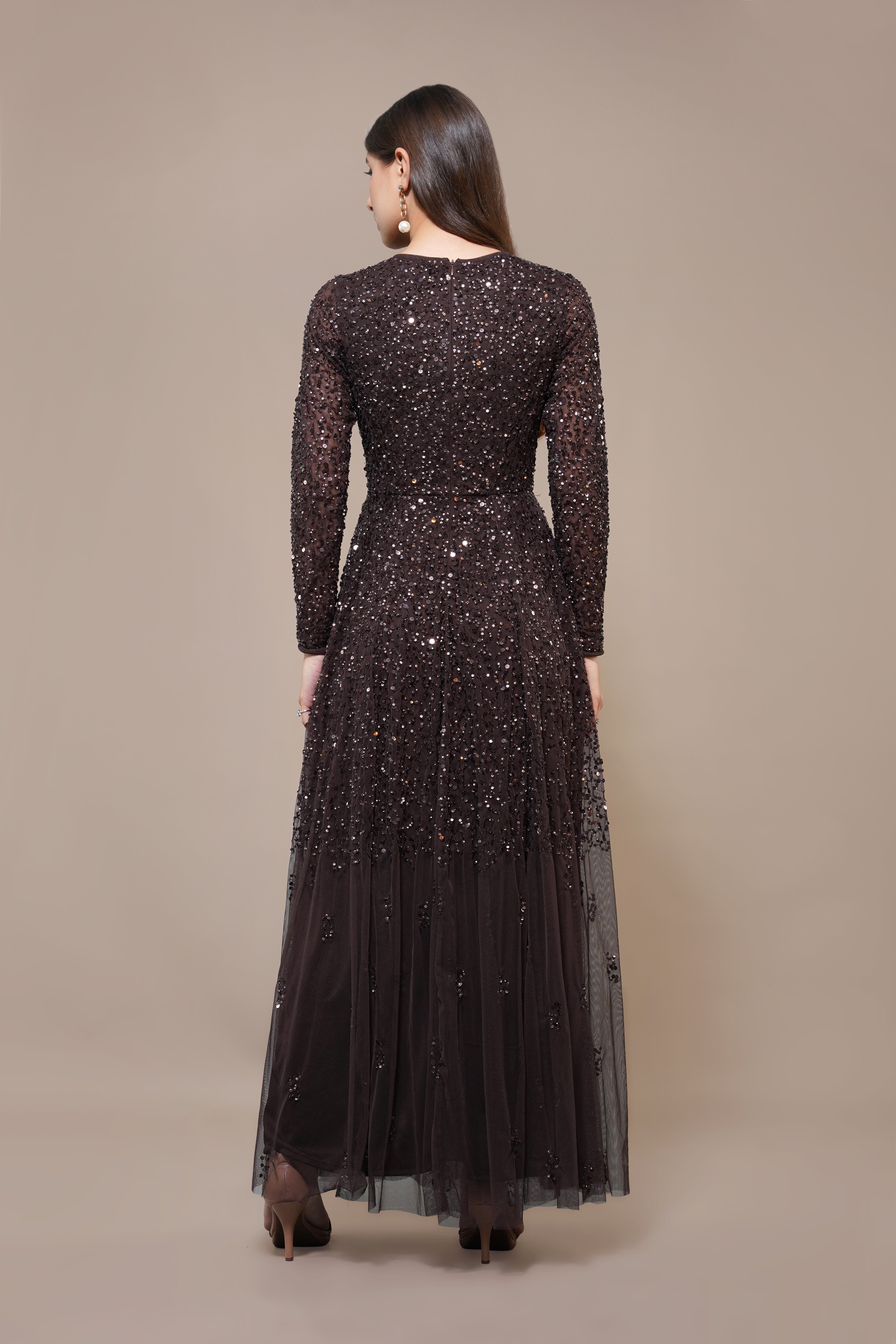 Elegant Coffee Brown Embellished Long Sleeve Maxi Dress for Women - Perfect for Weddings, Parties & Evening Events