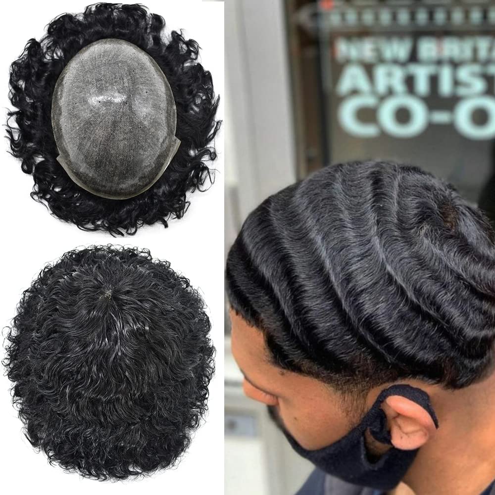 Men's 20mm Curly Human Hair Toupee - Wavy Kinky Hair Replacement System for Men - Full PU Base - SINGA HAIR (8