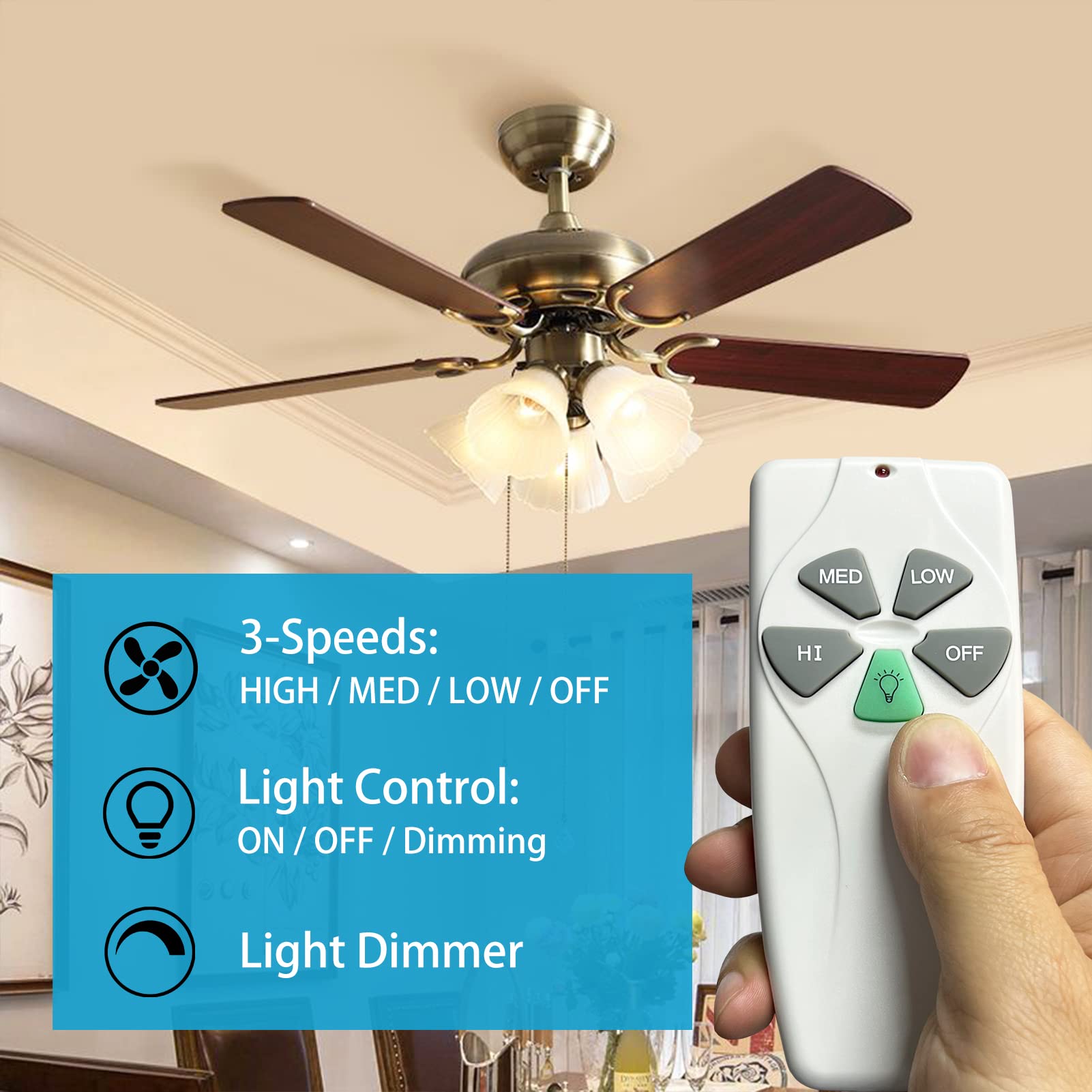 Universal Ceiling Fan Remote Kit - 3 Speeds & Dimmer, UL Listed for Home & Office