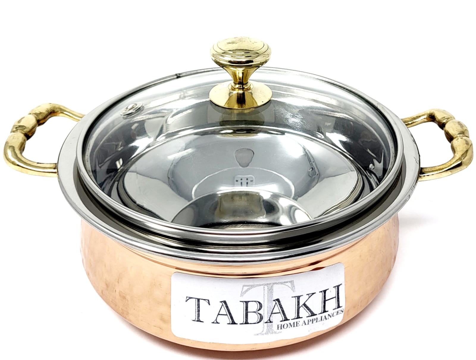 Premium Copper Stainless Steel Hammered Finish Handi/Lagan/Pot with Tempered Glass Lid & Brass Knob - 525ml Capacity - Traditional Indian Cooking Pot for Biryani, Curry & Stews - Ideal for Stovetop & Oven Use