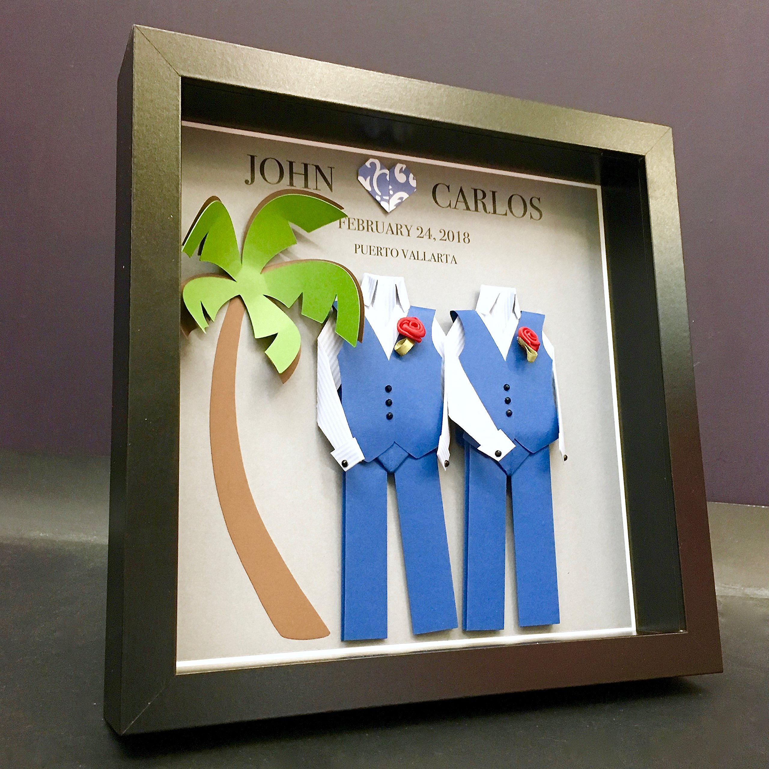 Custom Same Sex LGBT Wedding Shadowbox Frame - Personalized Groom & Groom Paper Origami Art - Unique Gay Engagement, Anniversary Gift for Couples - Perfect for Destination Weddings, First Anniversaries & Romantic Home Decor