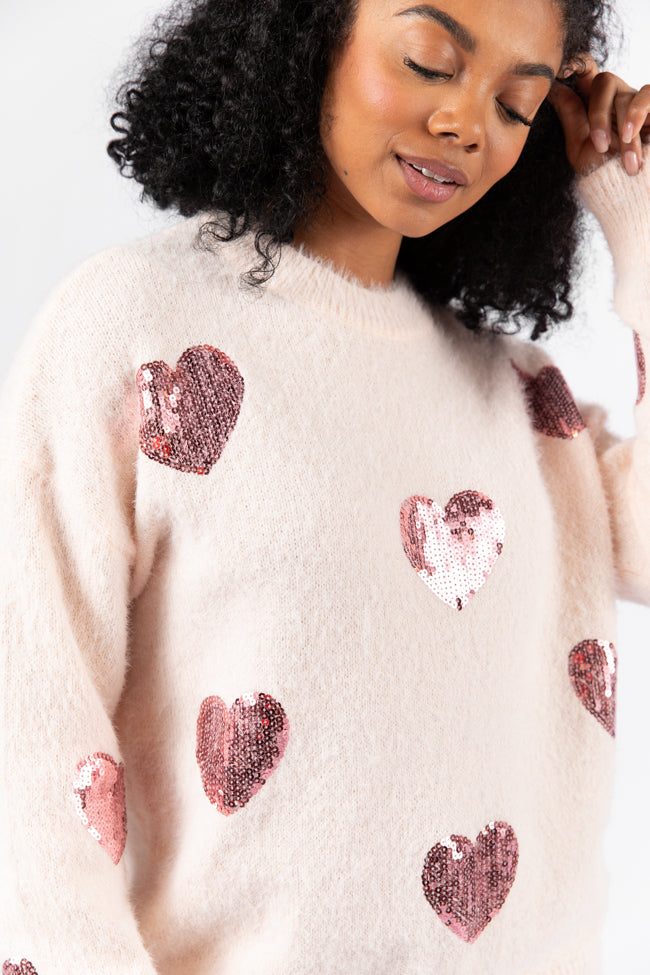 True Romance Blush Sequin Heart Sweater for Women - Valentine's Day Outfit, Date Night, Party Wear | Final Sale