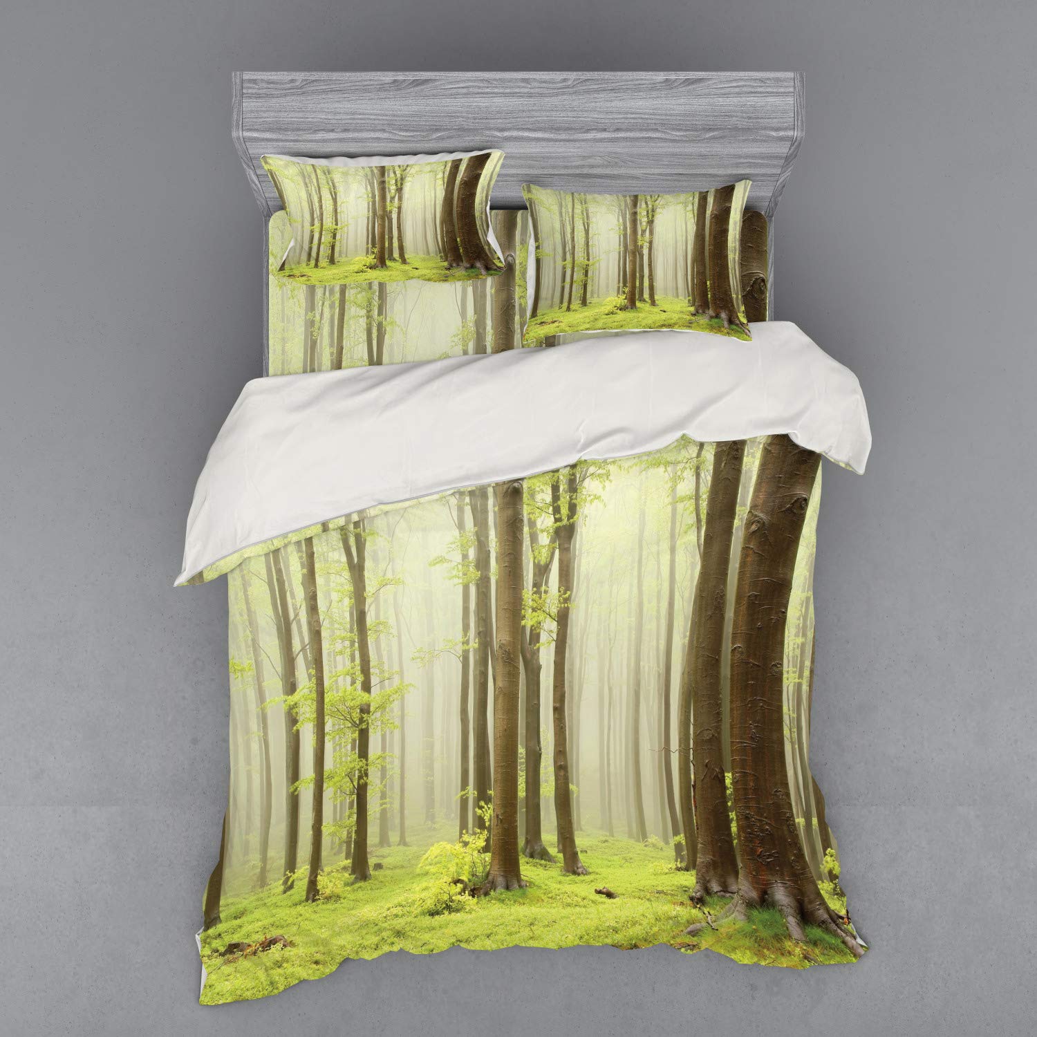 Ambesonne Woodland Duvet Cover Set - Misty Springtime Beech Forest Photography from Central European Mountains | 4-Piece Queen Size Bedding Set with Shams & Fitted Sheet in Brown & Green | Perfect for Nature-Themed Bedrooms, Cozy Cabins & Rustic Home Decor