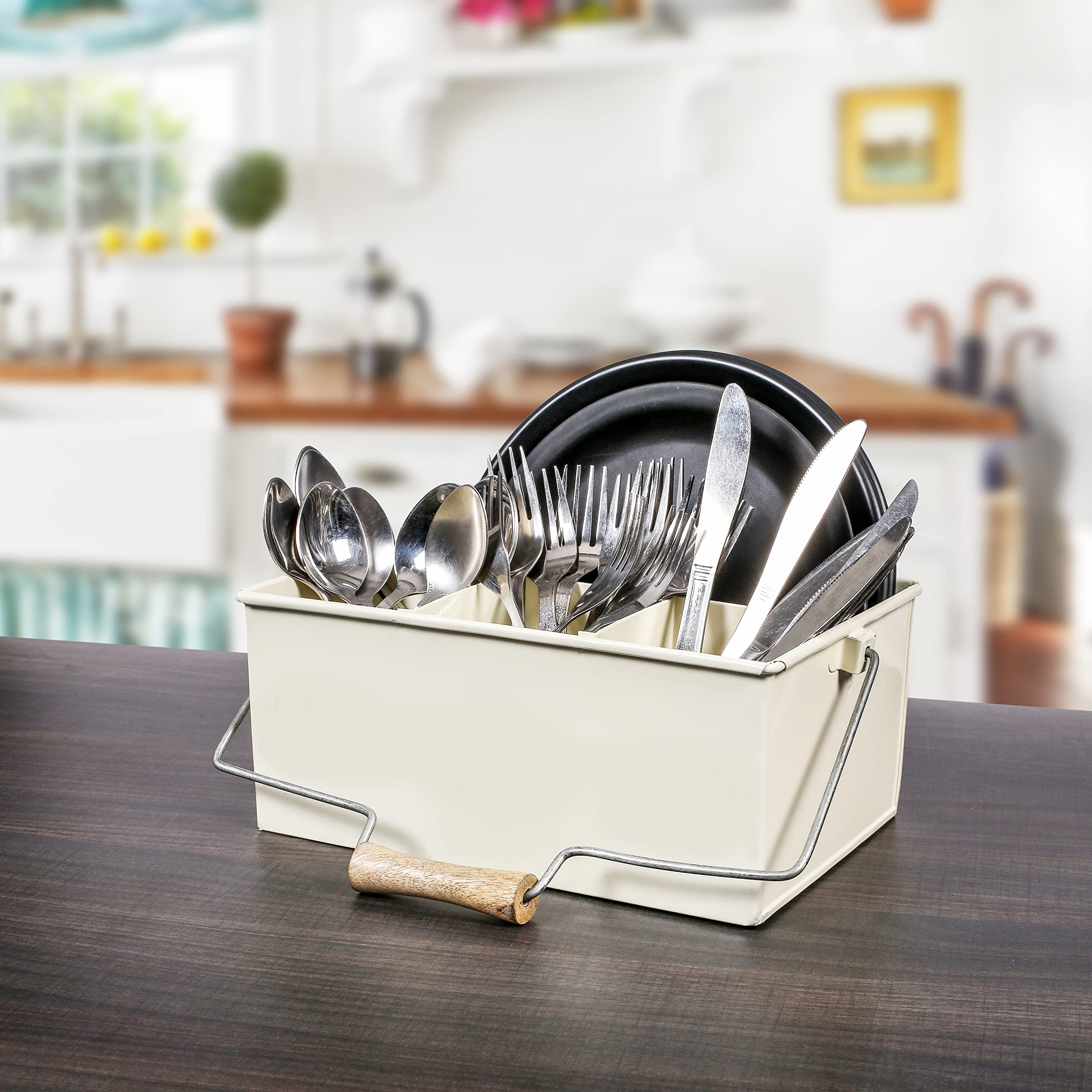 Rustic Galvanized Steel Utensil Organizer - Farmhouse Style Kitchen Caddy with Removable Handle | Multi-Compartment Storage for Cooking Tools, Picnic Supplies & Outdoor Entertaining | Perfect for Countertop, Camping & BBQ Parties