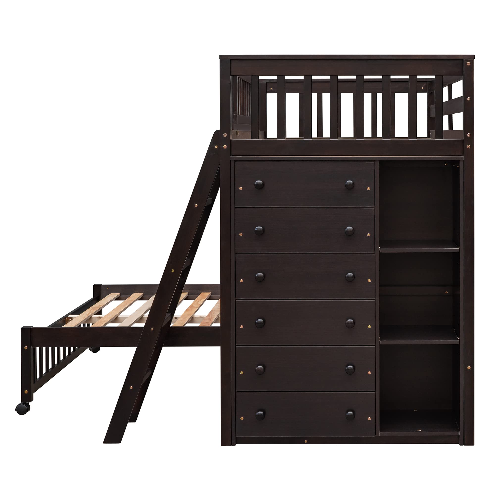 Harper & Bright Designs Twin Over Full Bunk Bed with 6 Storage Drawers & 3 Shelves - Solid Wood Loft Bed with Movable Lower Bed & Wheels, No Box Spring Needed (Espresso) - Perfect for Kids' Bedrooms, Guest Rooms & Small Spaces